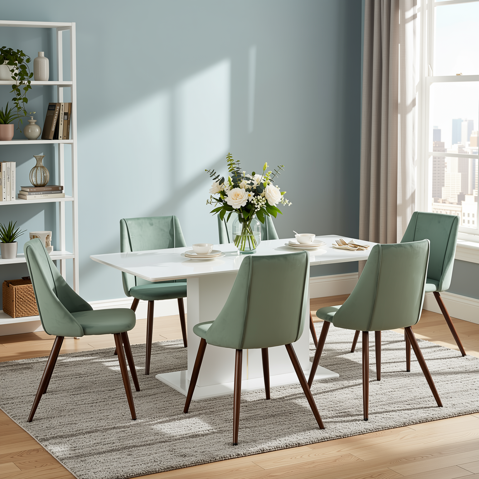 Quinby 7PC Dining Set Extendable Table with 6 SMEG Green Velvet Chairs