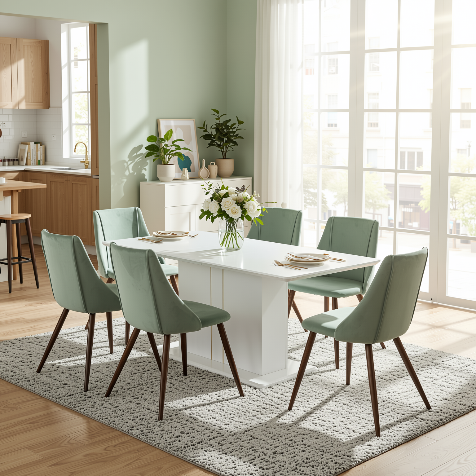 Quinby 7PC Dining Set Extendable Table with 6 SMEG Green Velvet Chairs