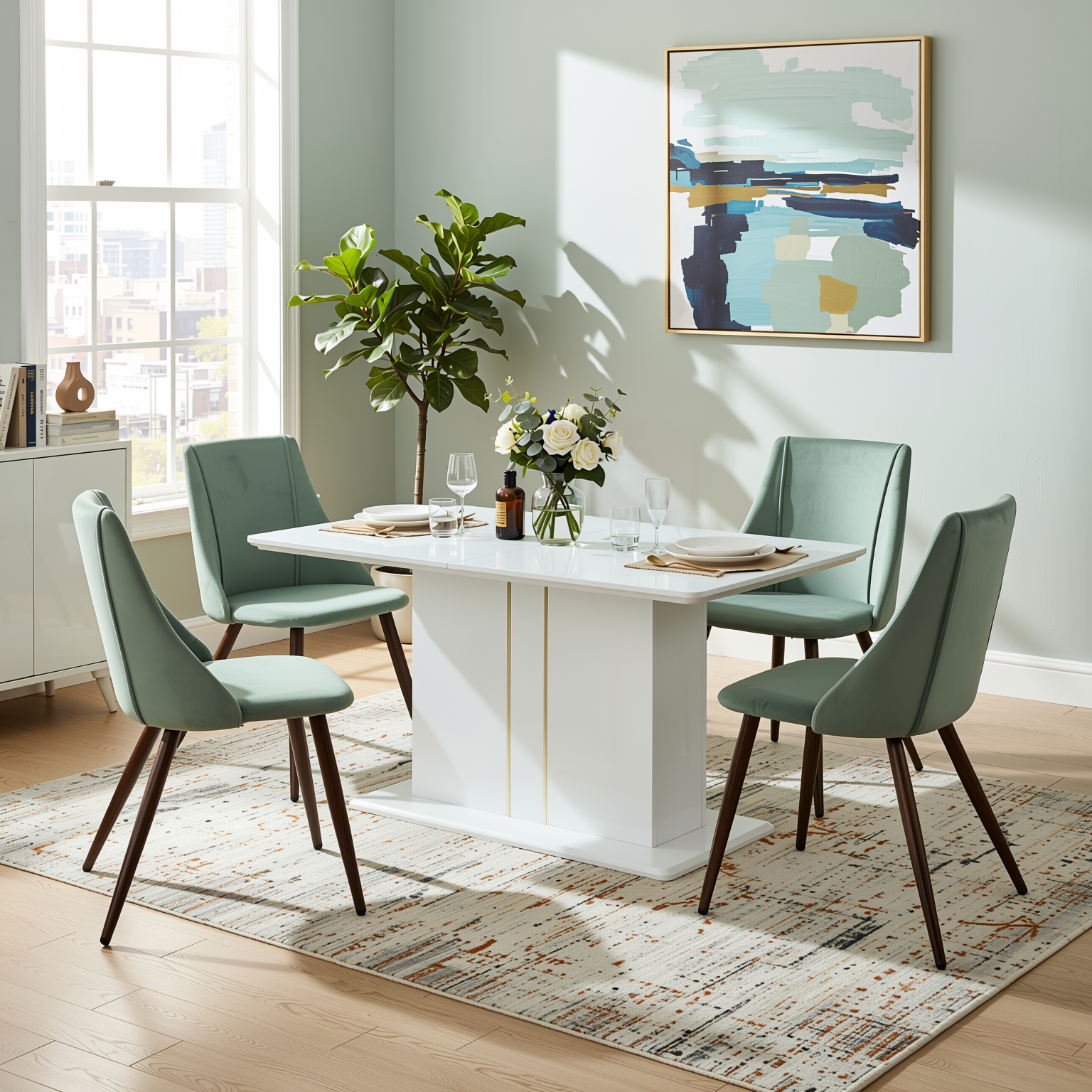 Quinby 5PC Dining Set Extendable Table with 4 SMEG Green Velvet Chairs
