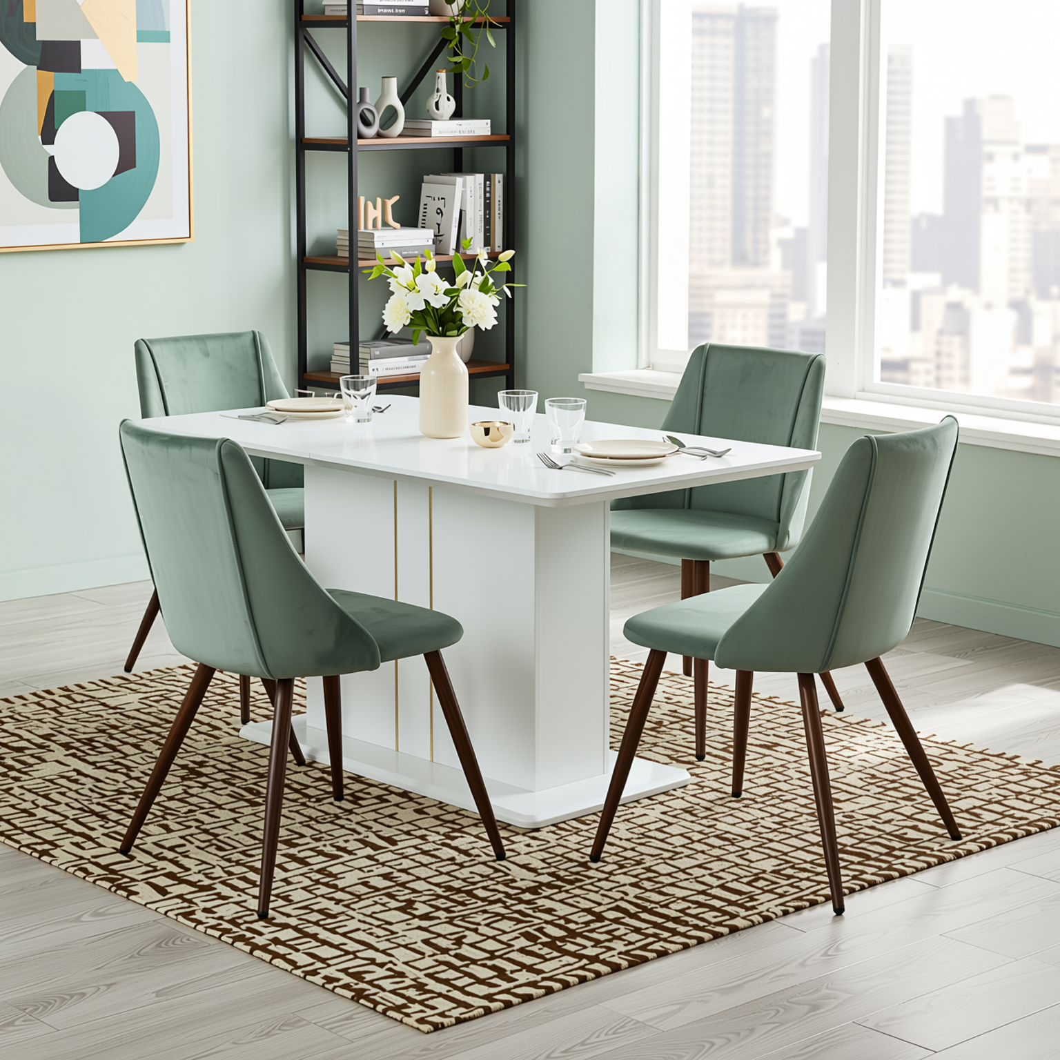 Quinby 5PC Dining Set Extendable Table with 4 SMEG Green Velvet Chairs