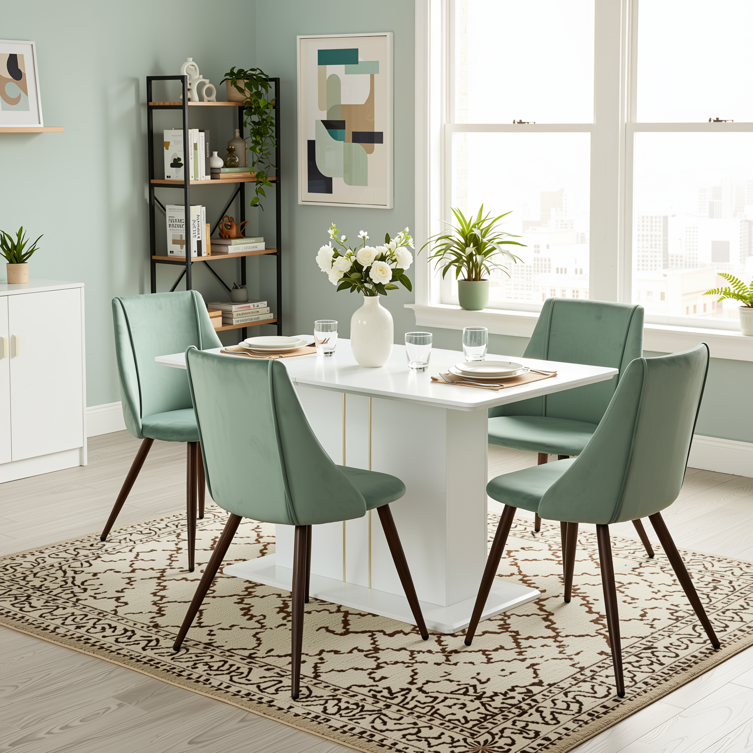 Quinby 5PC Dining Set Extendable Table with 4 SMEG Green Velvet Chairs