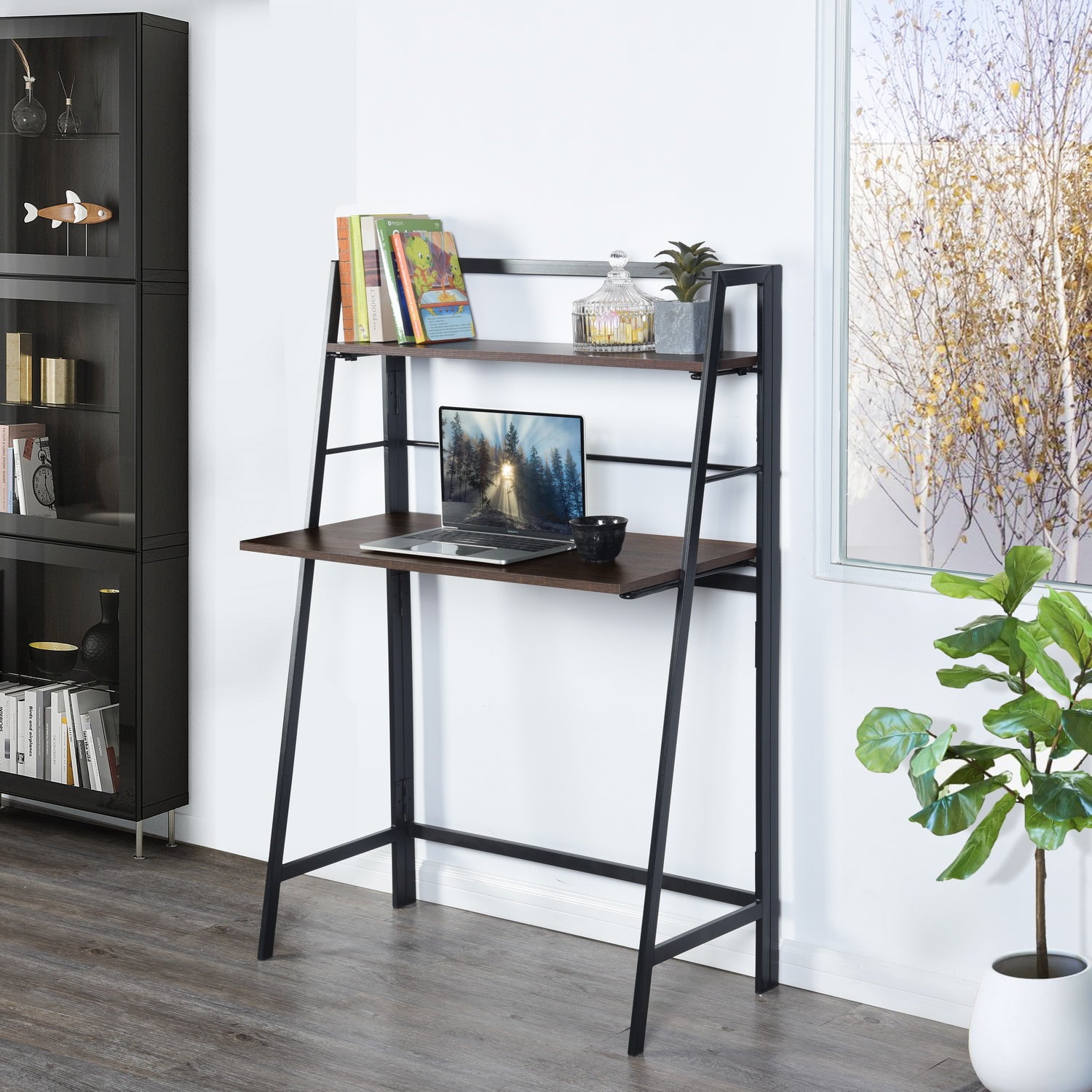 Homy Casa Quintin 31.5" Dark Brown Foldable Computer Desk with Storage Shelf No Assembly Space Saving Design