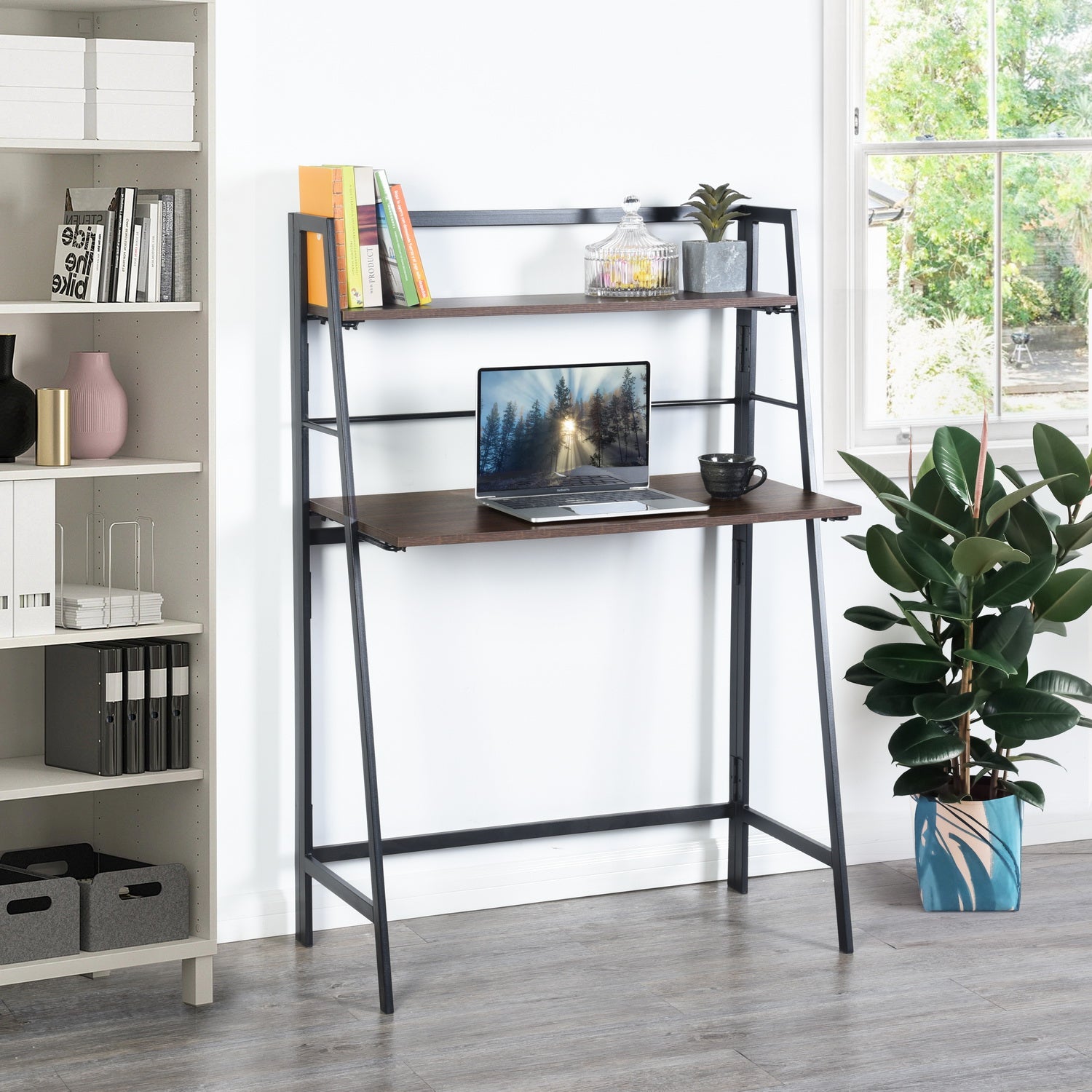 Homy Casa Quintin 31.5" Dark Brown Foldable Computer Desk with Storage Shelf No Assembly Space Saving Design
