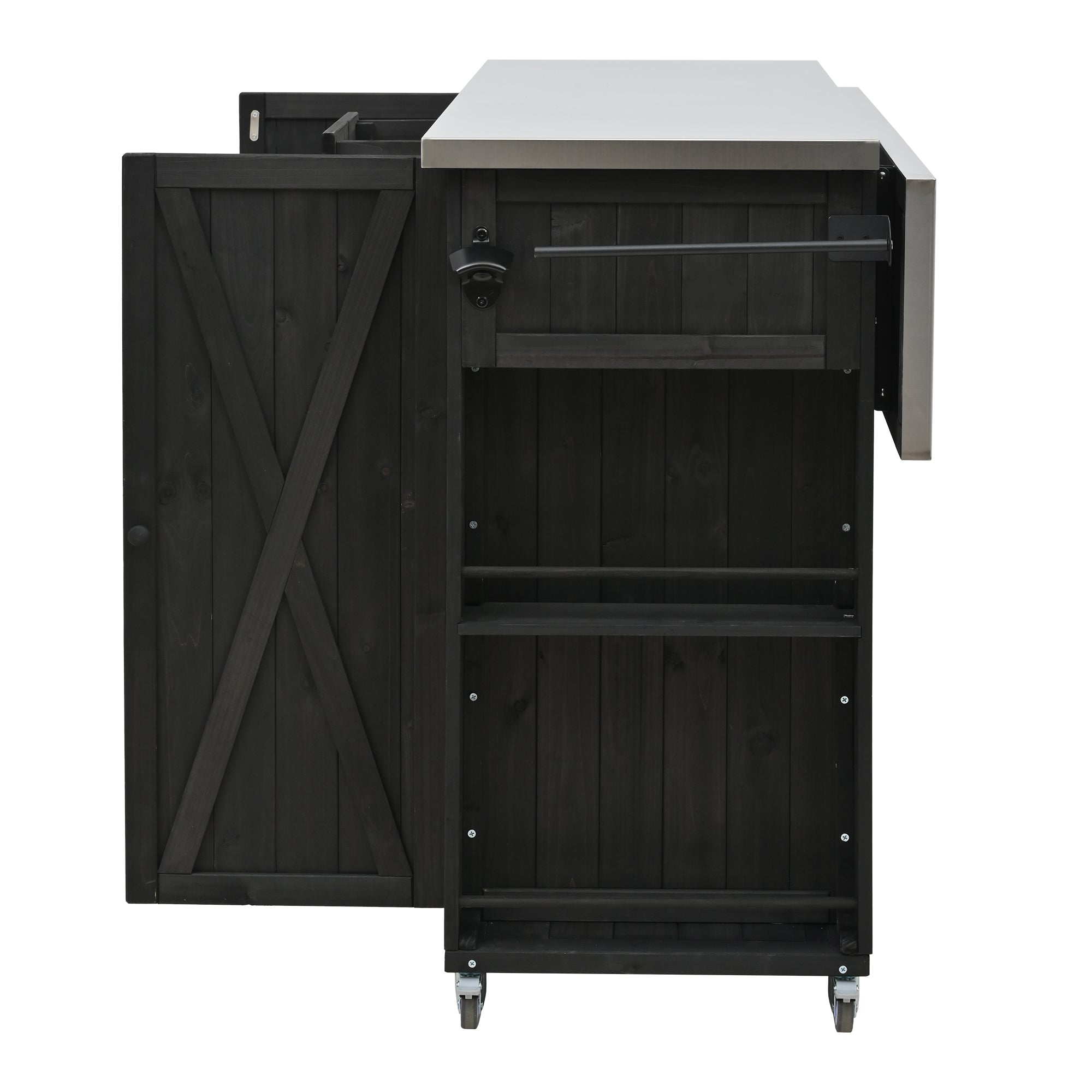 Quebec 52" Outdoor Fir Wood Kitchen Island with Stainless Steel Top, Black