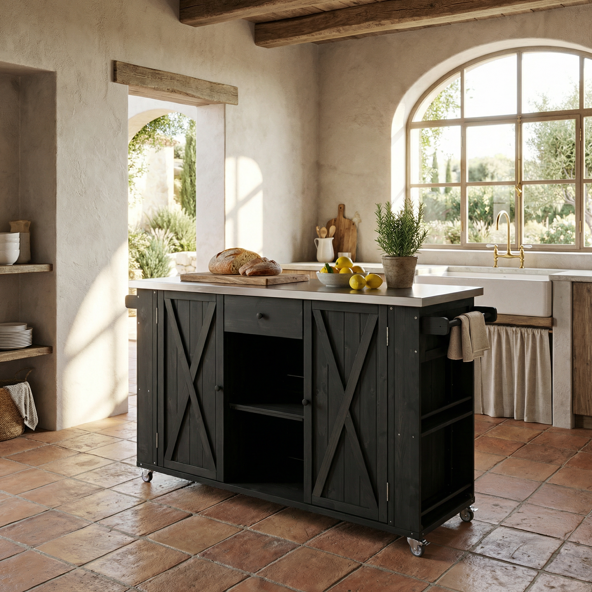 Quebec 52" Outdoor Fir Wood Kitchen Island with Stainless Steel Top, Black