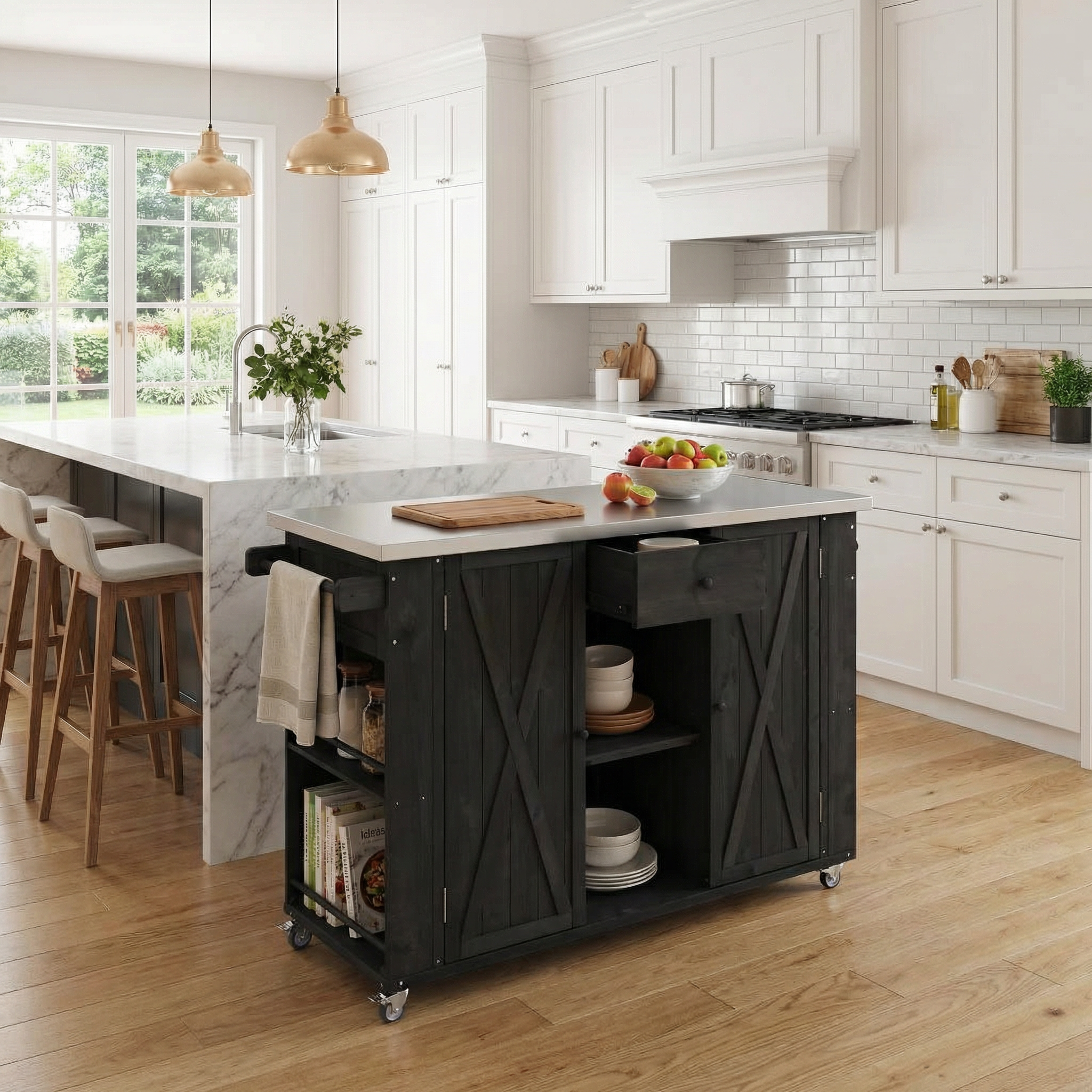 Quebec 52" Outdoor Fir Wood Kitchen Island with Stainless Steel Top, Black