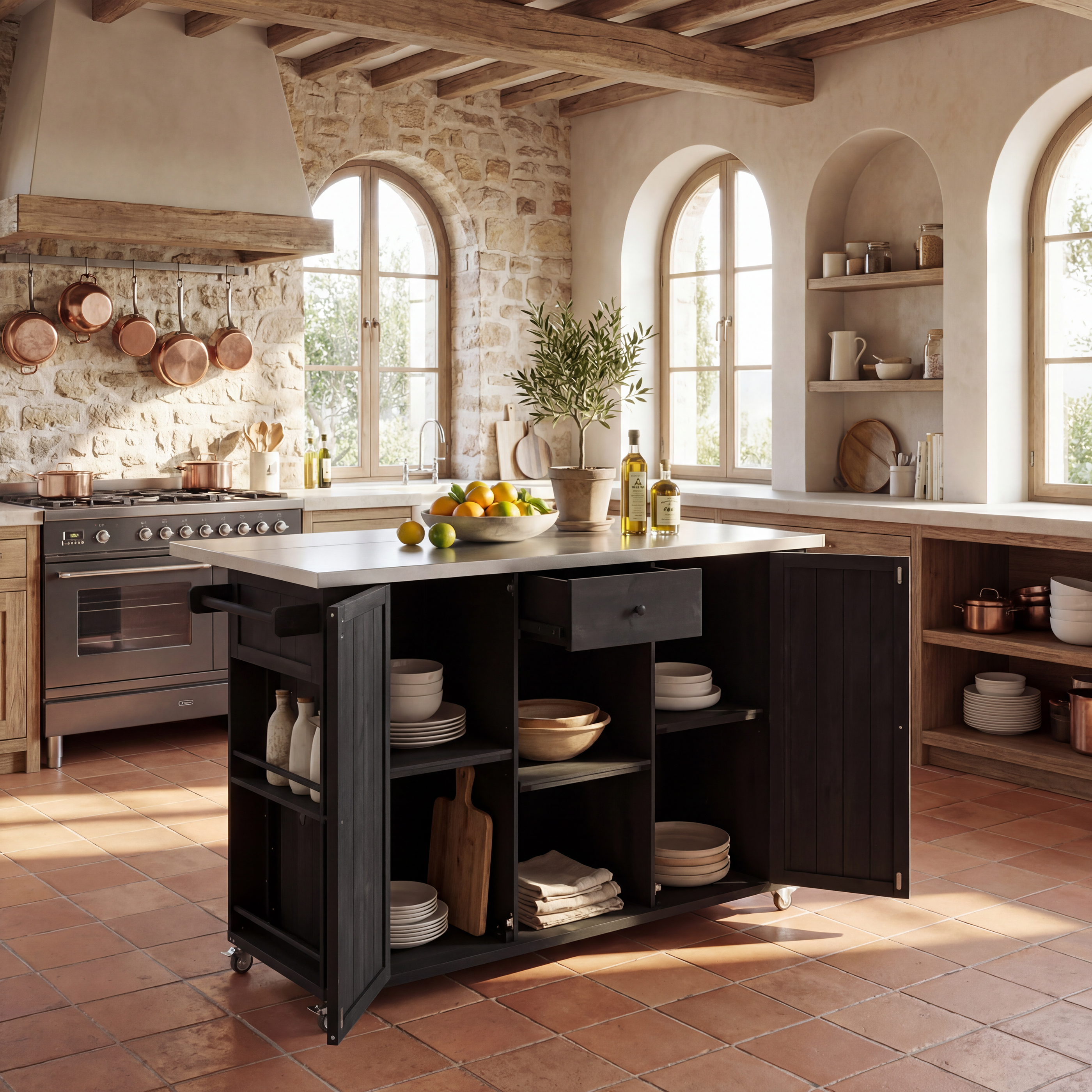 Quebec 52" Outdoor Fir Wood Kitchen Island with Stainless Steel Top, Black