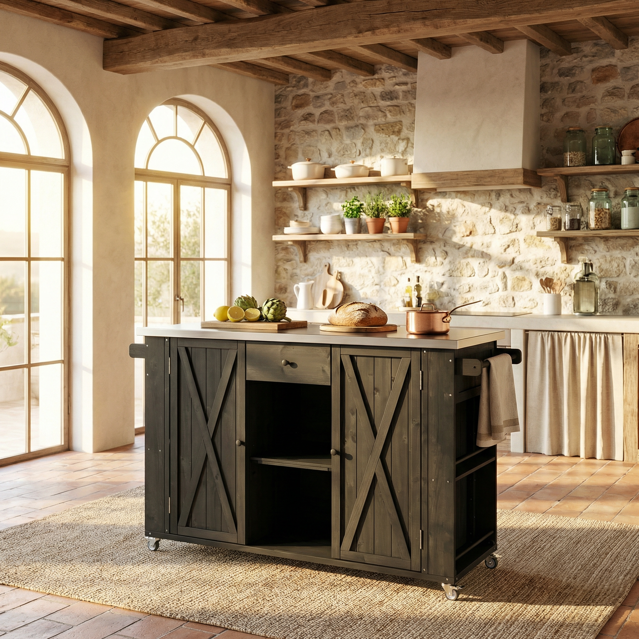 Quebec 52" Outdoor Fir Wood Kitchen Island with Stainless Steel Top, Black