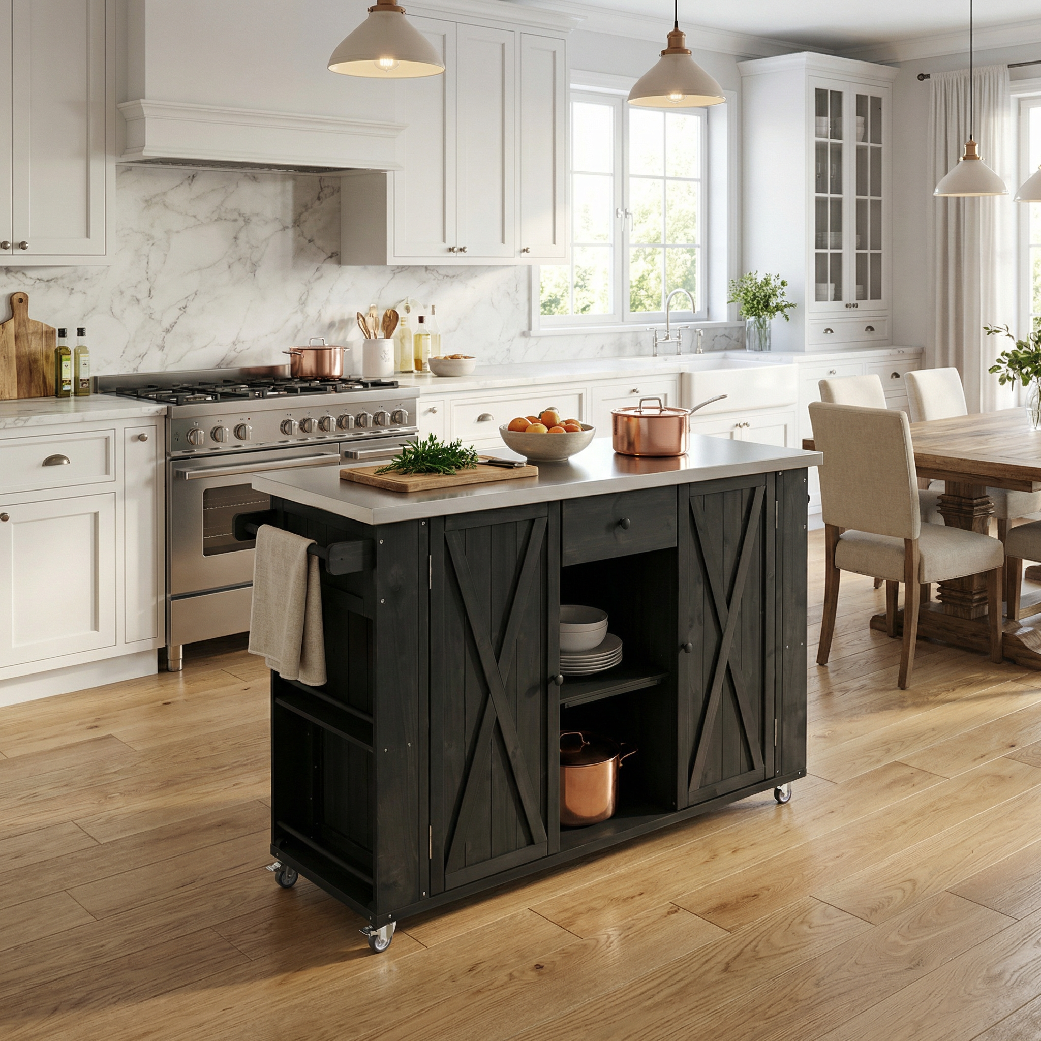 Quebec 52" Outdoor Fir Wood Kitchen Island with Stainless Steel Top, Black