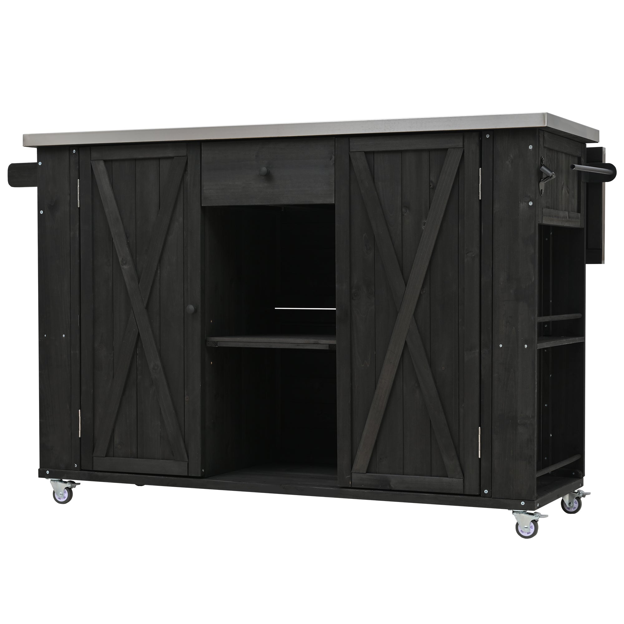 Quebec 52" Outdoor Fir Wood Kitchen Island with Stainless Steel Top, Black