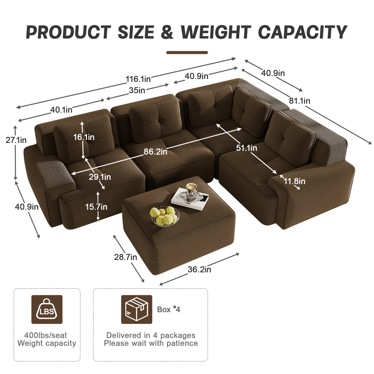 Homy Casa RACINE 4PC Living Room Furniture Set 82" Modular Brown Corduroy Sectional Sofa with Ottoman, Armless Sofa and Corner Sofa Open Box
