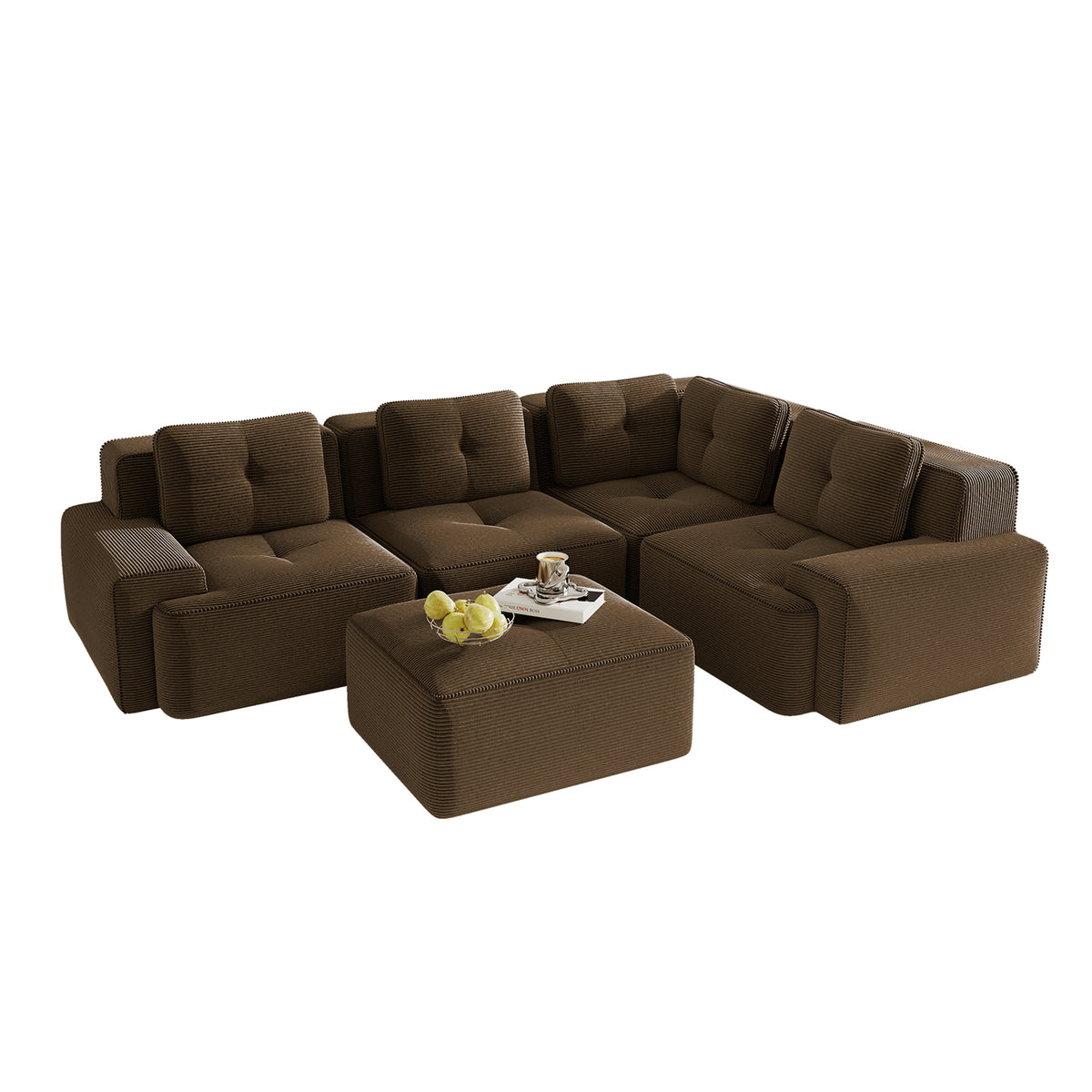 Homy Casa RACINE 4PC Living Room Furniture Set 82" Modular Brown Corduroy Sectional Sofa with Ottoman, Armless Sofa and Corner Sofa Open Box