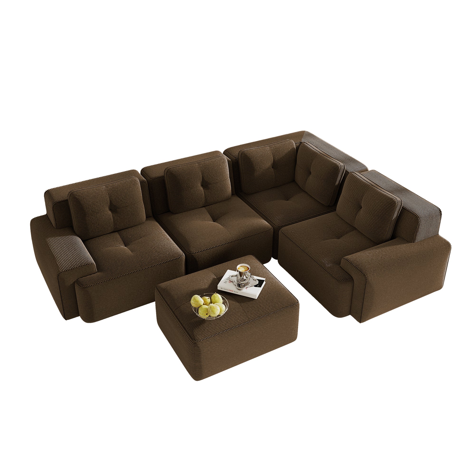 Homy Casa RACINE 4PC Living Room Furniture Set 82" Modular Brown Corduroy Sectional Sofa with Ottoman, Armless Sofa and Corner Sofa Open Box