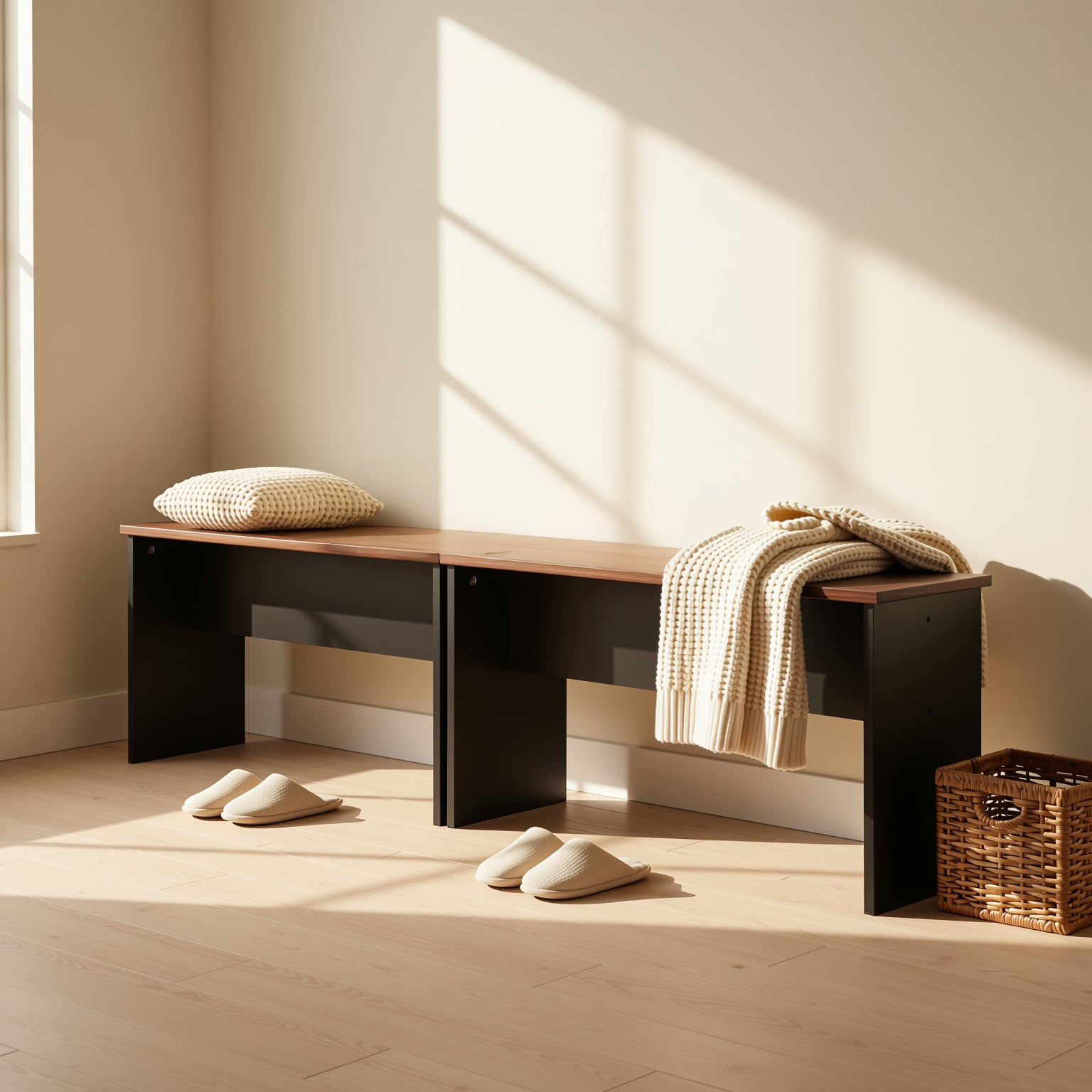 Raya 35” Wood Dining Bench Set of 2 - Oak & Rustic Brown, Sturdy Frame