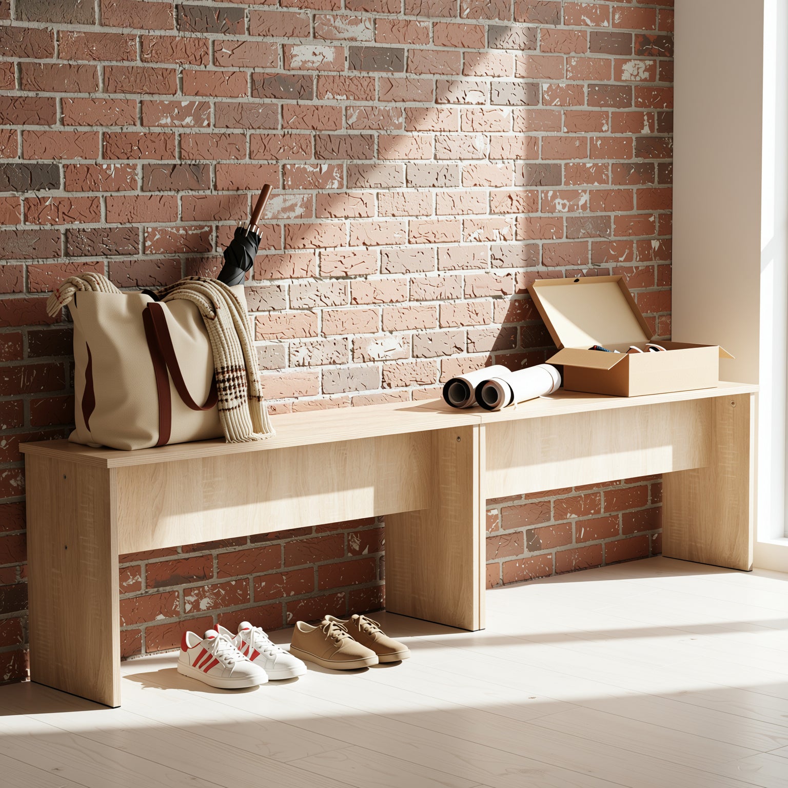 Raya 35” Wood Dining Bench Set of 2 - Oak & Rustic Brown, Sturdy Frame