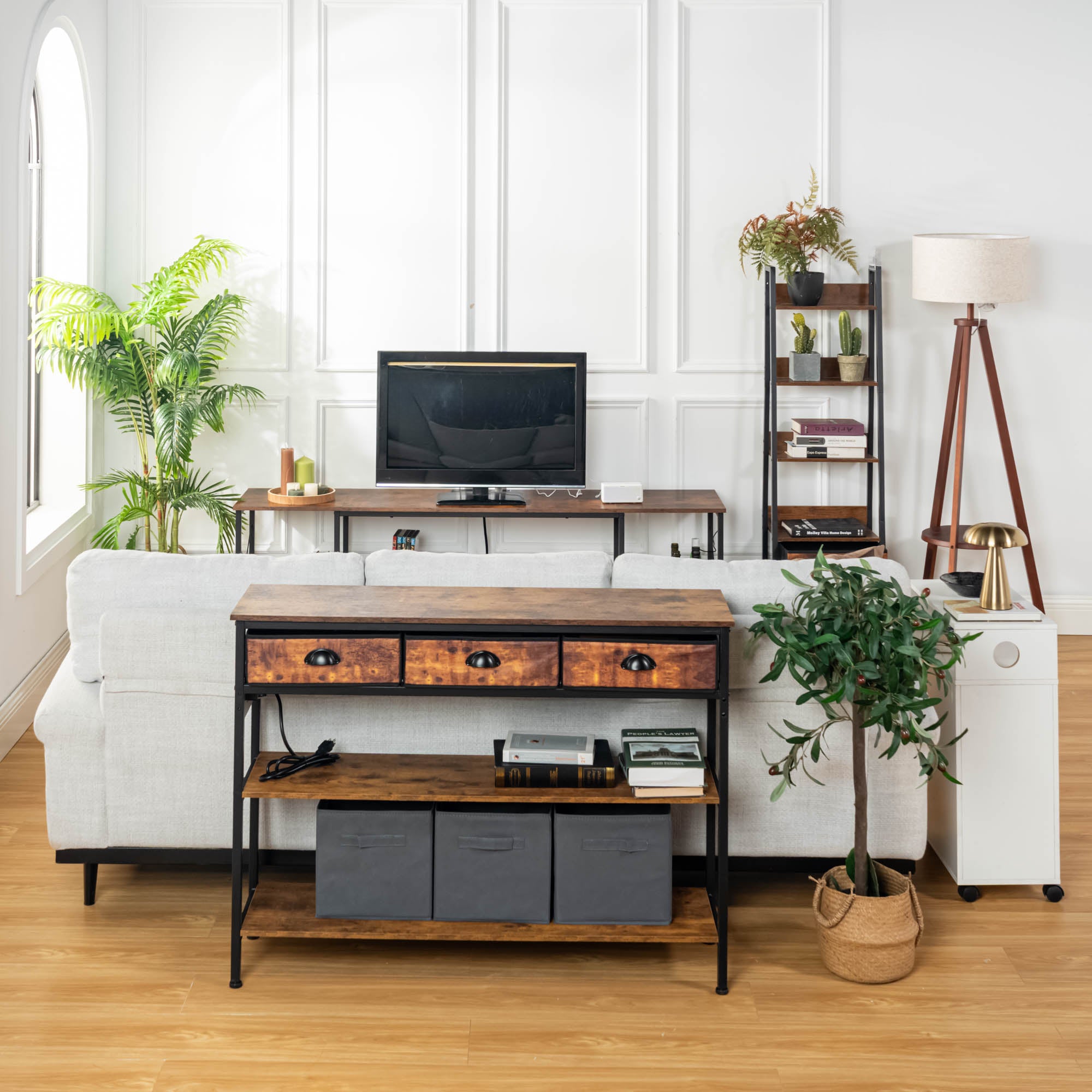 Homy Casa RENNA 43.3" W x 11.8" D x 31.5" H Standing Shelf with Drawers and Power Strip