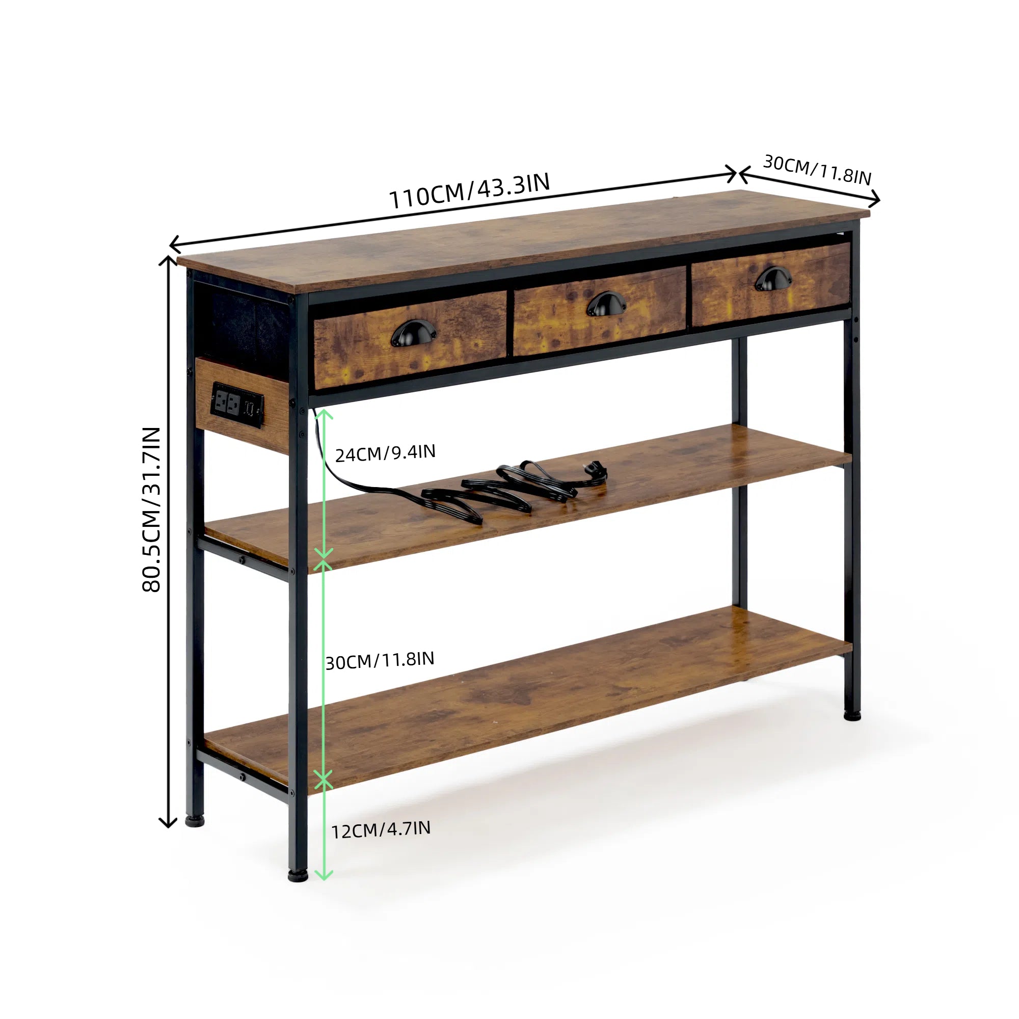 Homy Casa RENNA 43.3" W x 11.8" D x 31.5" H Standing Shelf with Drawers and Power Strip