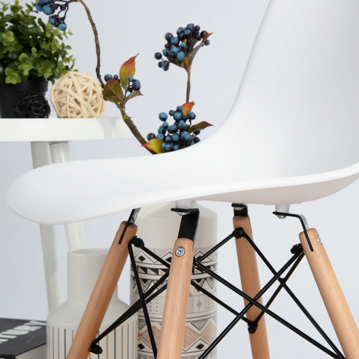 Homy Casa RICO White Dining Chair Set of 6 – Modern Beech Wood Legs, White PP Seat & Backrest, Industrial Style Open Box