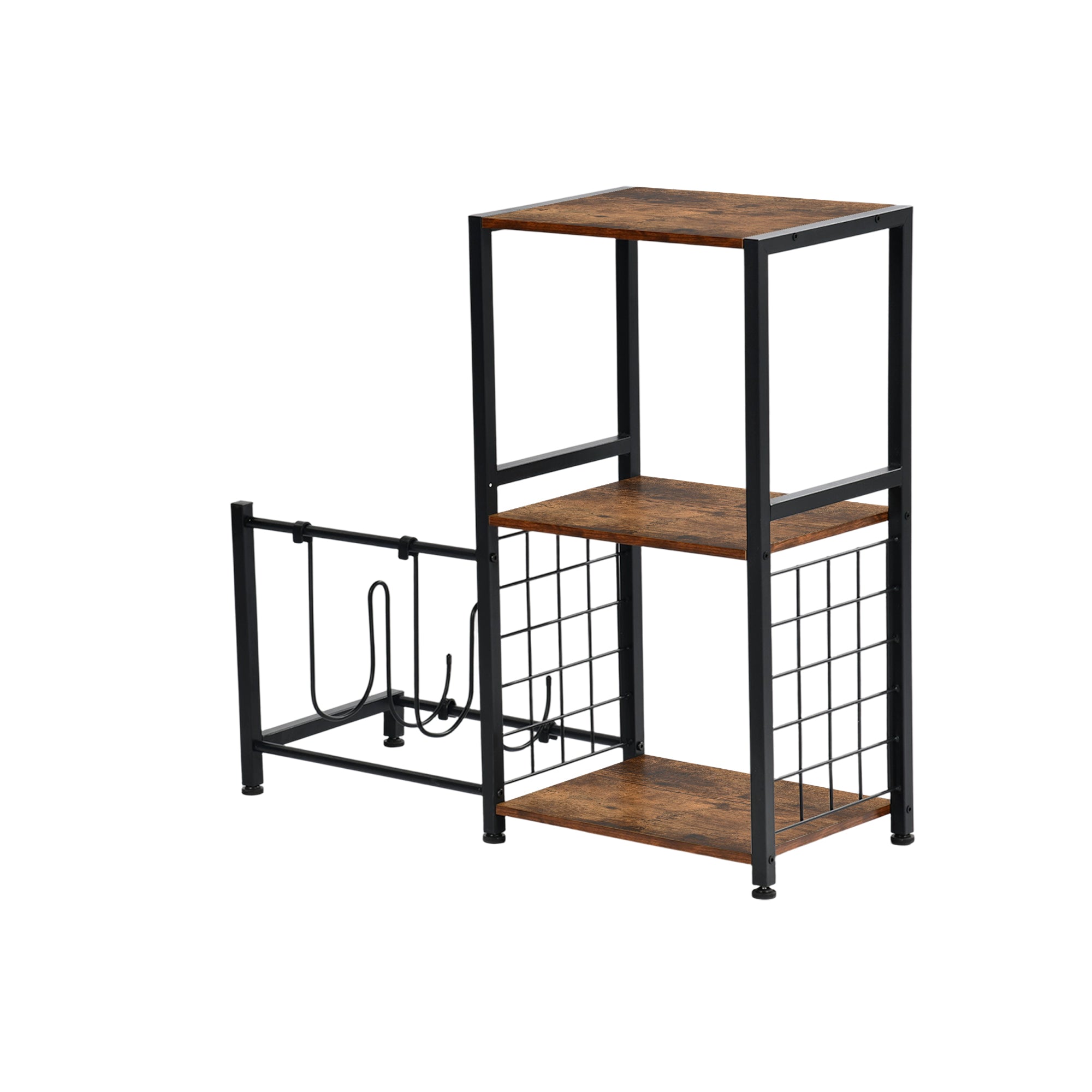 ROKER 3-Tier Bar Storage Shelf with Side Wine Rack, 31.5" Industrial Display Stand, Rustic Brown Wood Look and Black Metal for Kitchen, Dining, Living Room