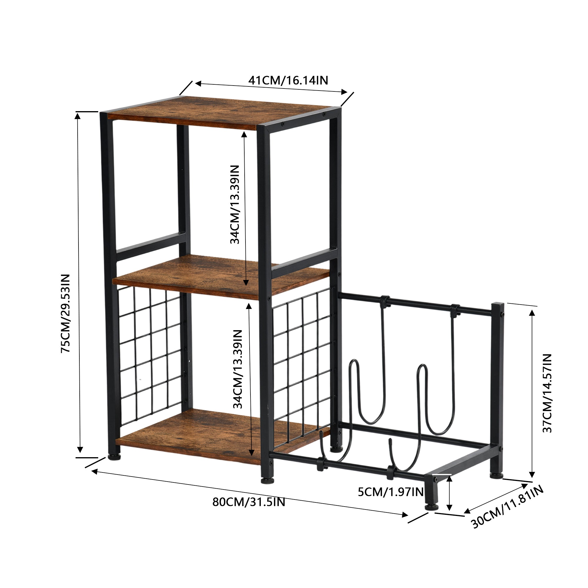 ROKER 3-Tier Bar Storage Shelf with Side Wine Rack, 31.5" Industrial Display Stand, Rustic Brown Wood Look and Black Metal for Kitchen, Dining, Living Room