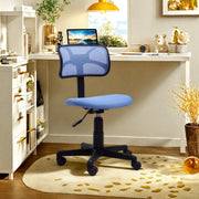 Blue small mesh office chair with ergonomic design and breathable backrest for office use.