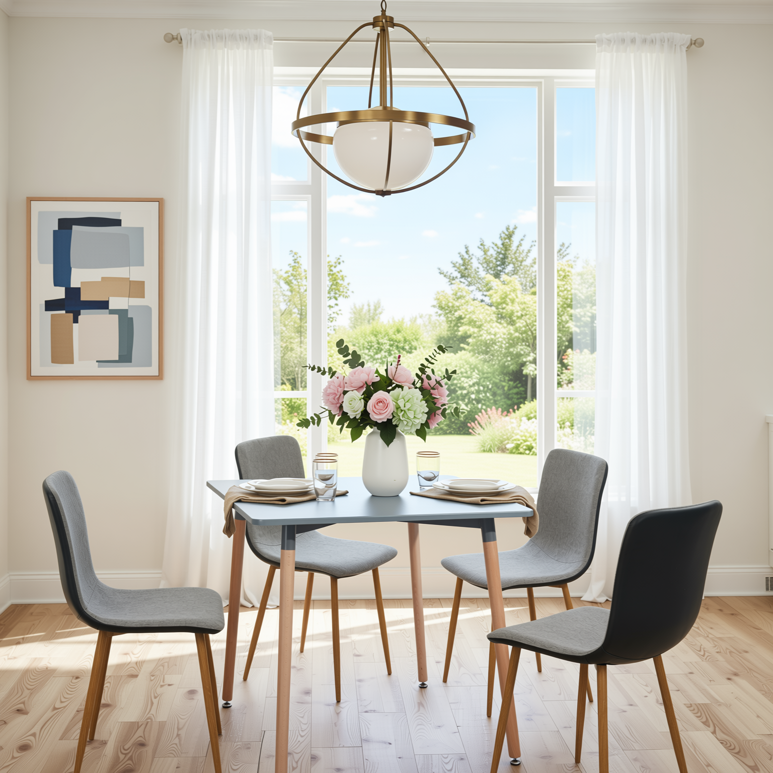 Homy Casa Rookie 5PC Dining Set 31.5” Square Table in Grey Finish with Solid Wood Legs and 4 Scargill Upholstered Chairs in Grey