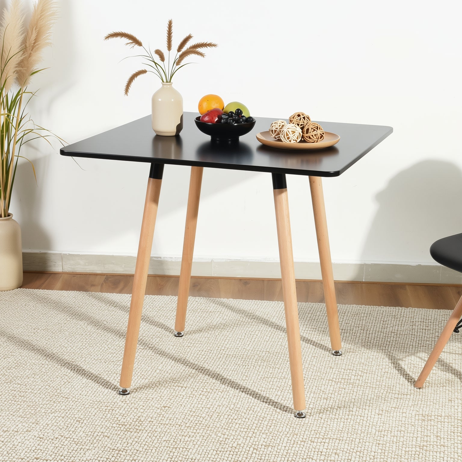 Homy Casa Rookie 31.5” Square Matte PU Painting Dining Table with Rubber Solid Wood Legs,Black