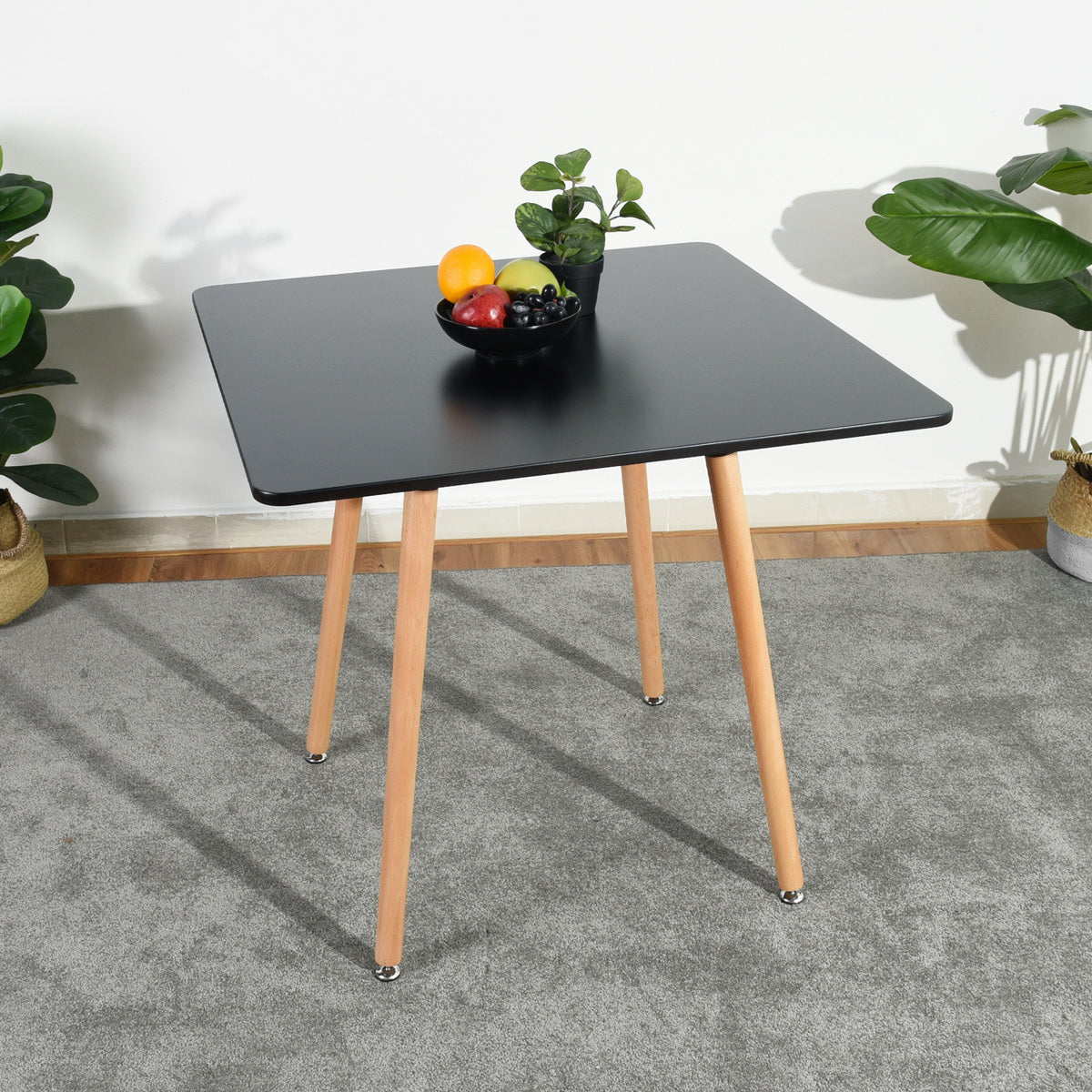 Homy Casa Rookie 31.5” Square Matte PU Painting Dining Table with Rubber Solid Wood Legs,Black