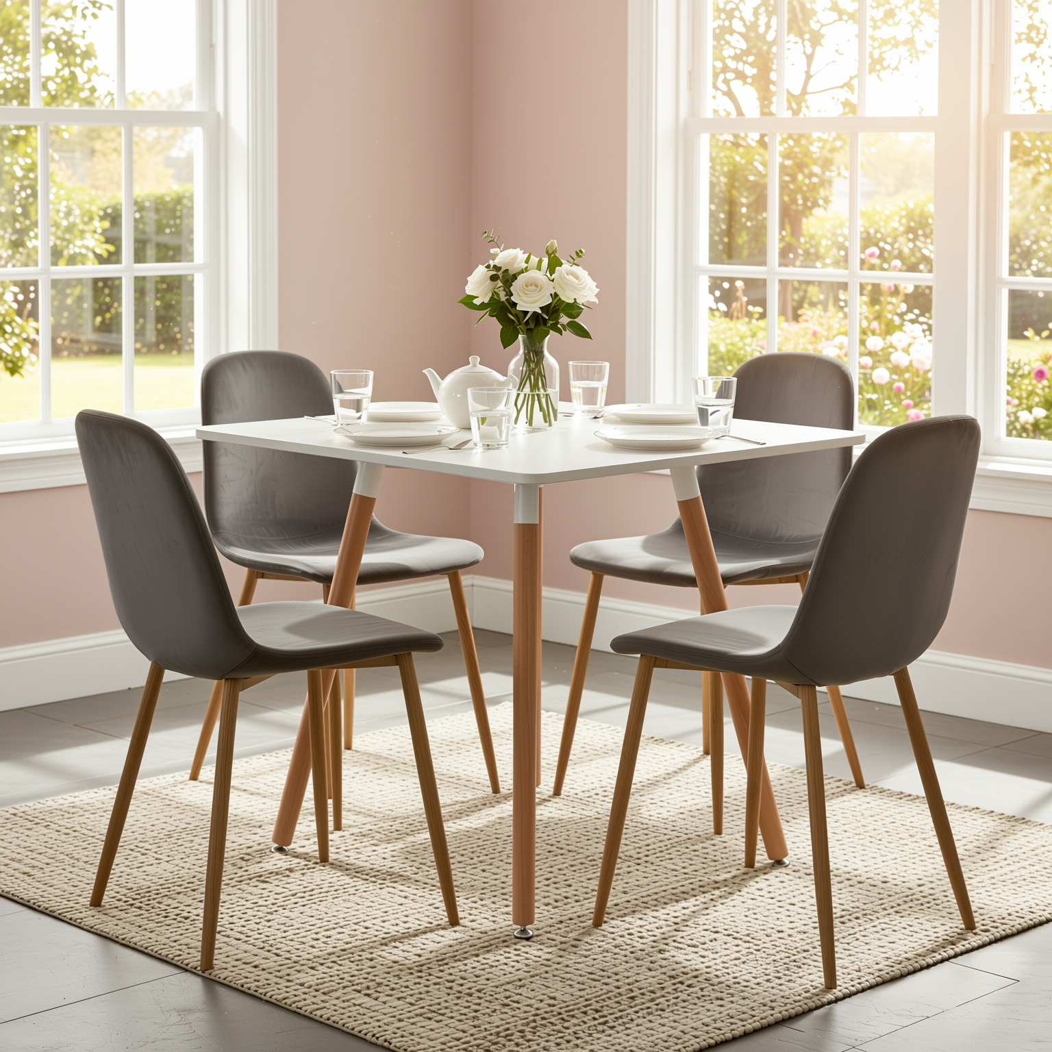 Homy Casa Rookie 5PC Dining Table Set 31.5” Square Table in Grey with 4 Charlton Velvet Upholstered Chairs, Grey