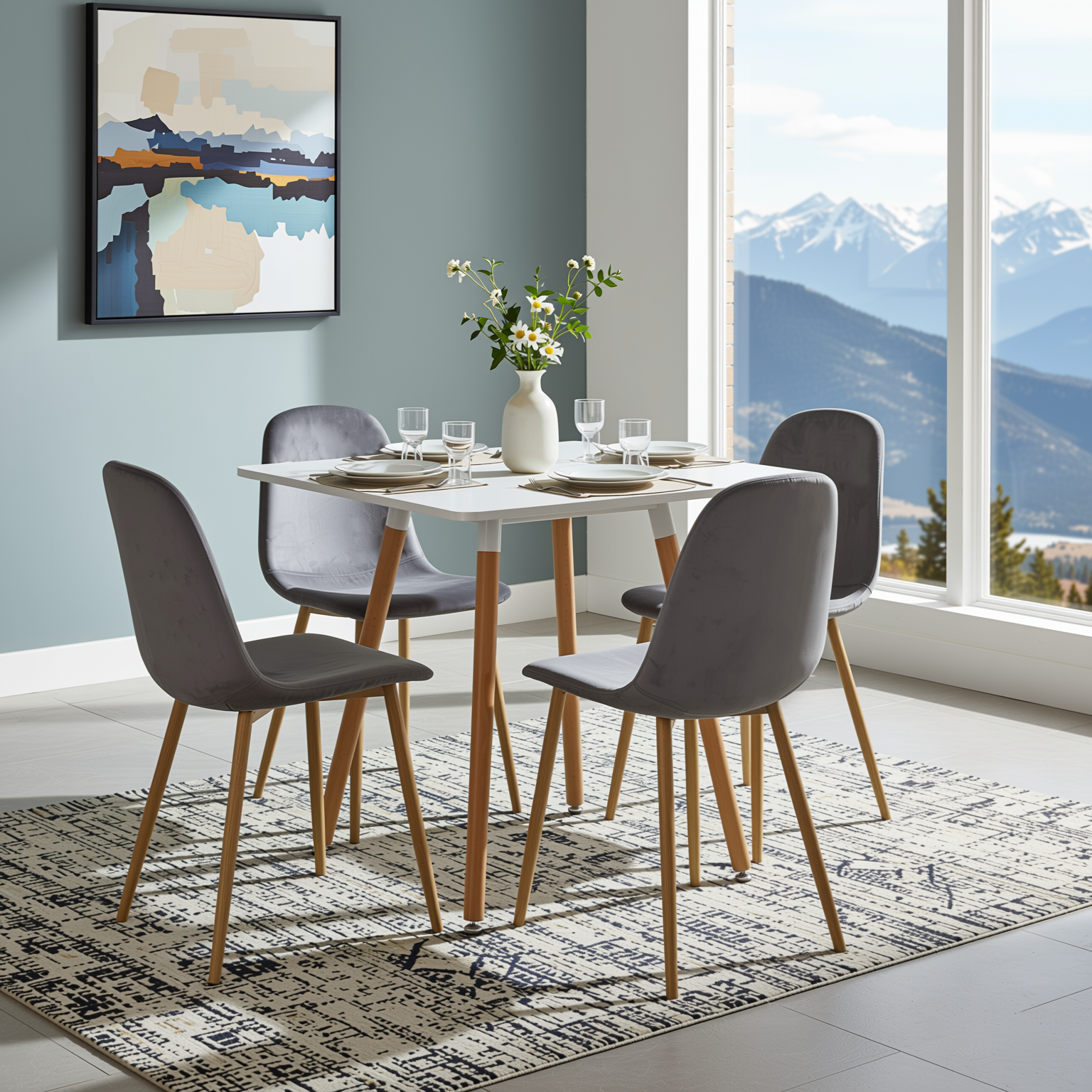 Homy Casa Rookie 5PC Dining Table Set 31.5” Square Table in Grey with 4 Charlton Velvet Upholstered Chairs, Grey
