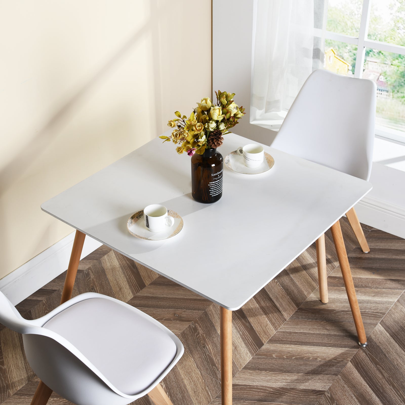 Homy Casa Rookie White 31.5” Square Matte PU Painting Dining Table with Rubber Solid Wood Legs