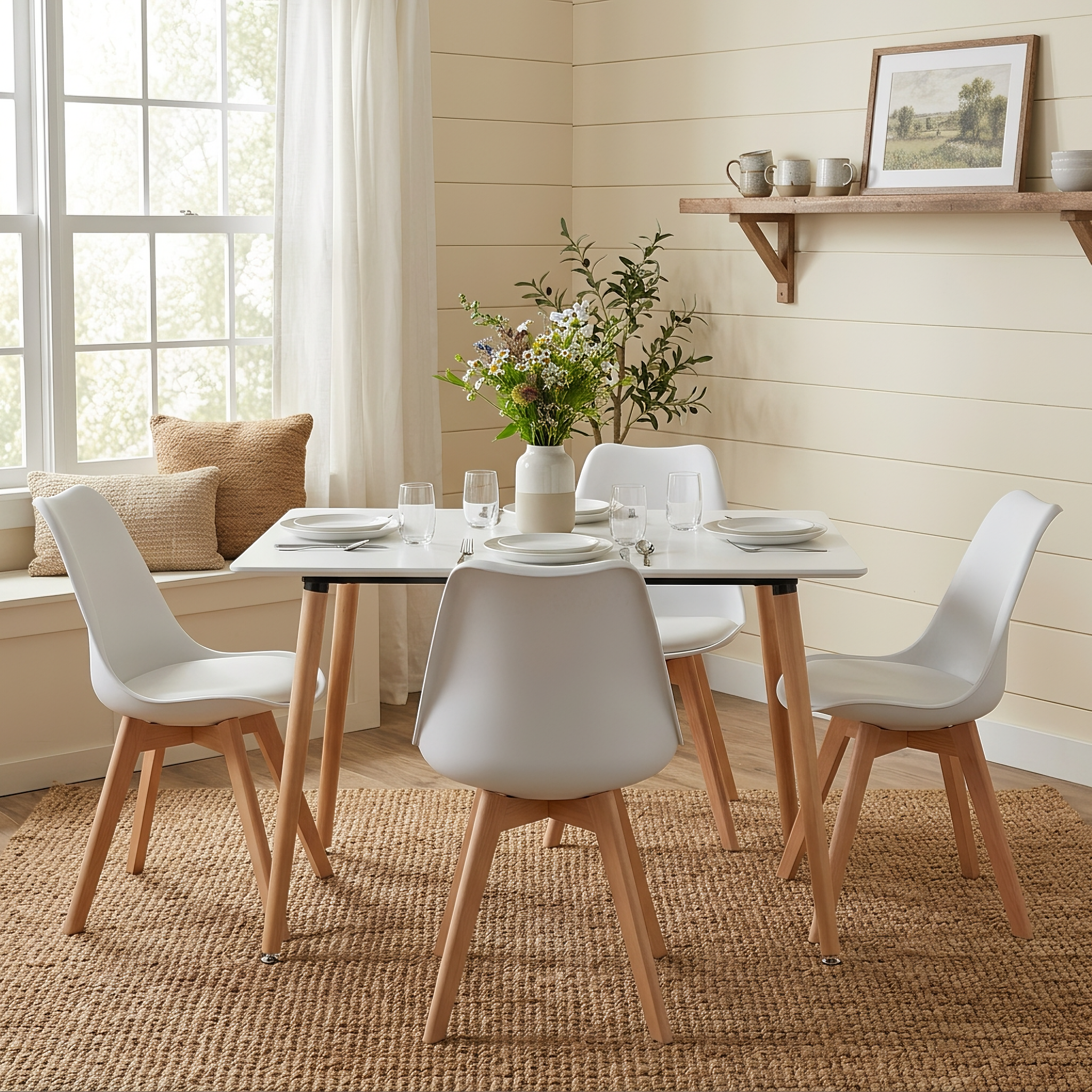 Homy Casa ROOKIE S+FRANKFURT 5-Piece Dining Set 43.3" White Dining Table with 4 PP Dining Chairs Open Box