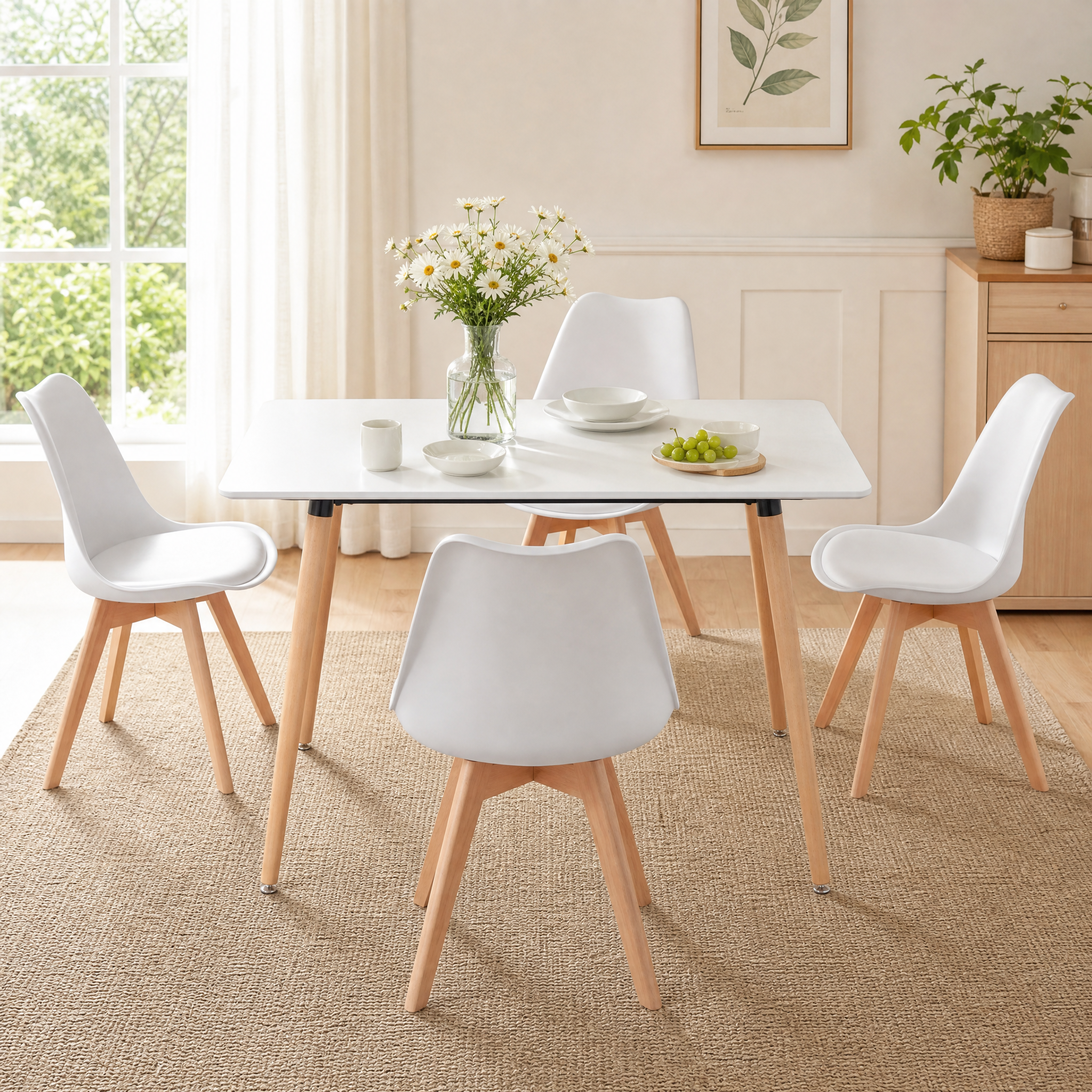 Homy Casa ROOKIE S+FRANKFURT 5-Piece Dining Set 43.3" White Dining Table with 4 PP Dining Chairs Open Box