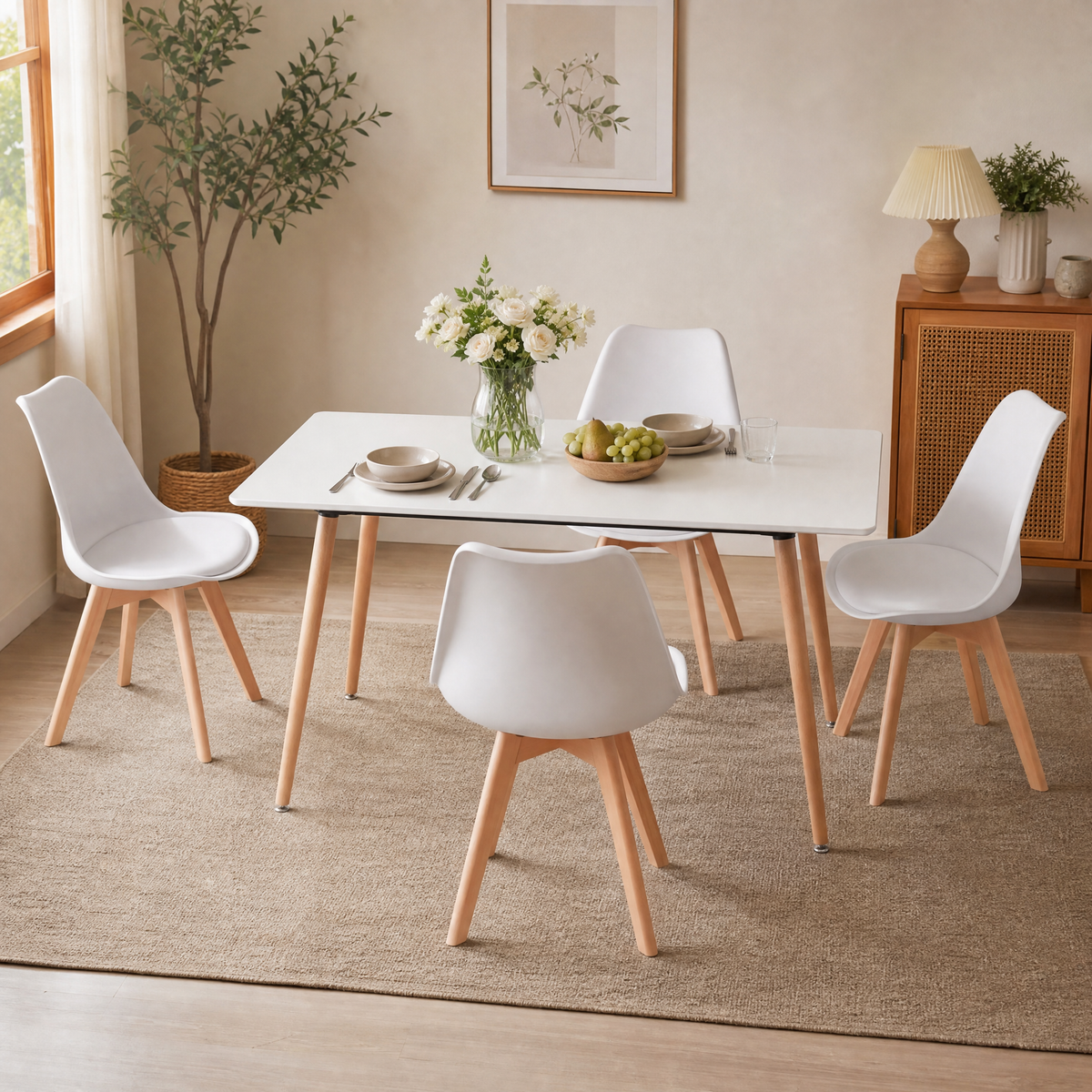 Homy Casa ROOKIE S+FRANKFURT 5-Piece Dining Set 43.3" White Dining Table with 4 PP Dining Chairs Open Box