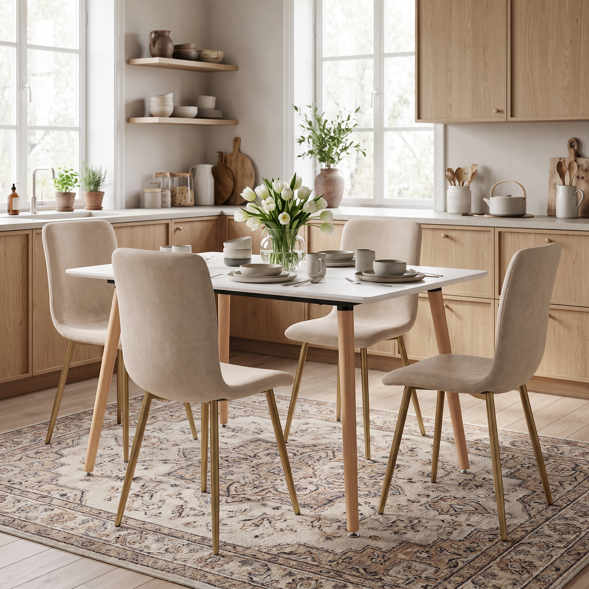 Homy Casa ROOKIE S+SCARGILL 5-Piece Dining Set 43.3" White Dining Table with 4 SCARGILL Beige Fabric Chairs Open Box