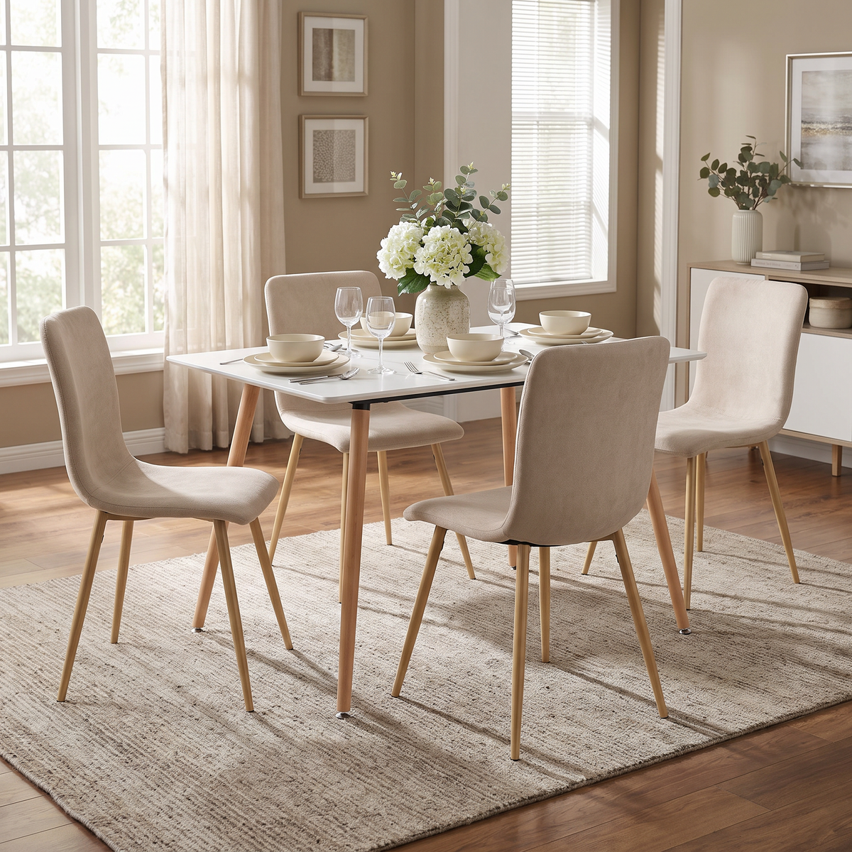 Homy Casa ROOKIE S+SCARGILL 5-Piece Dining Set 43.3" White Dining Table with 4 SCARGILL Beige Fabric Chairs Open Box
