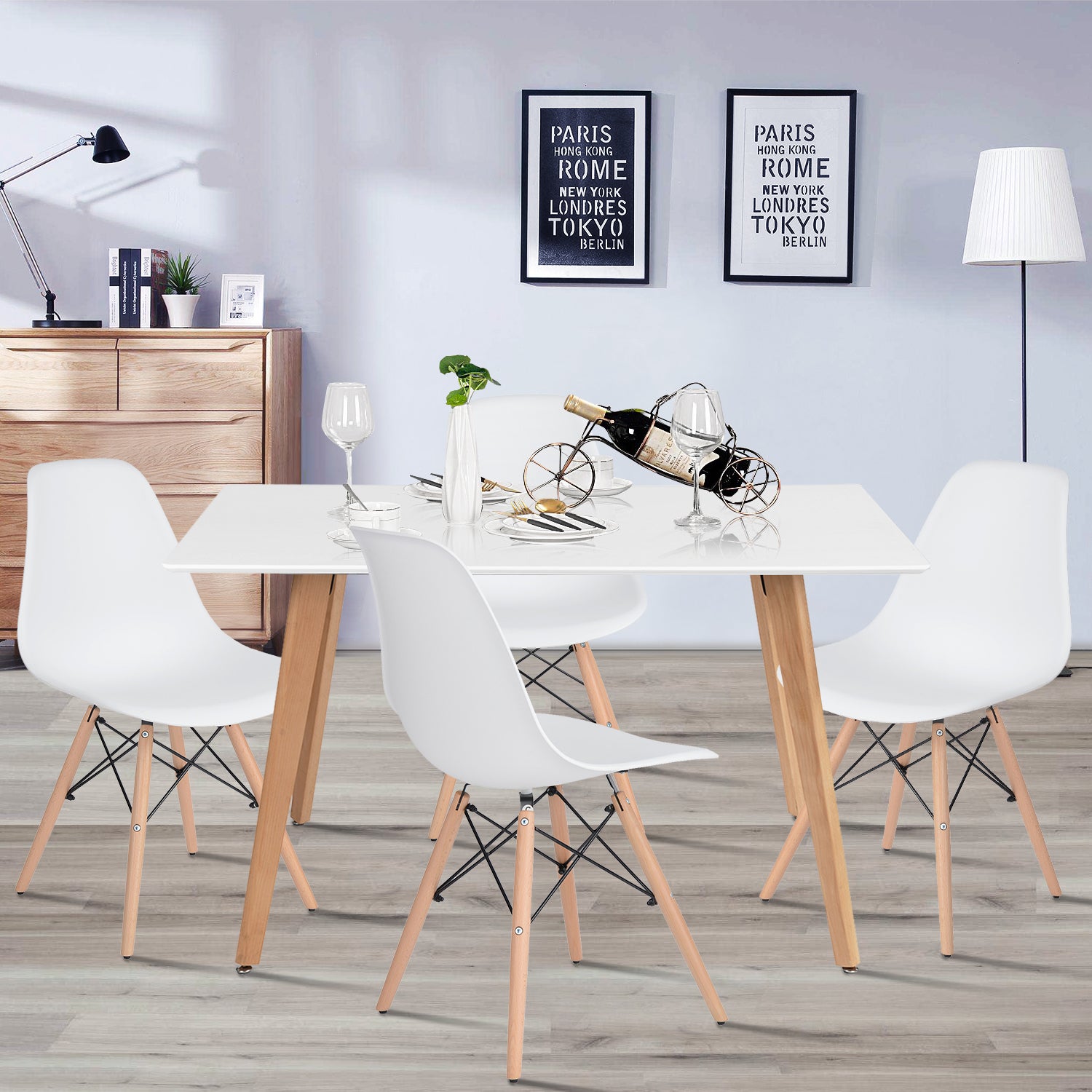 Homy Casa RICO White Dining Chair Set of 6 – Modern Beech Wood Legs, White PP Seat & Backrest, Industrial Style Open Box