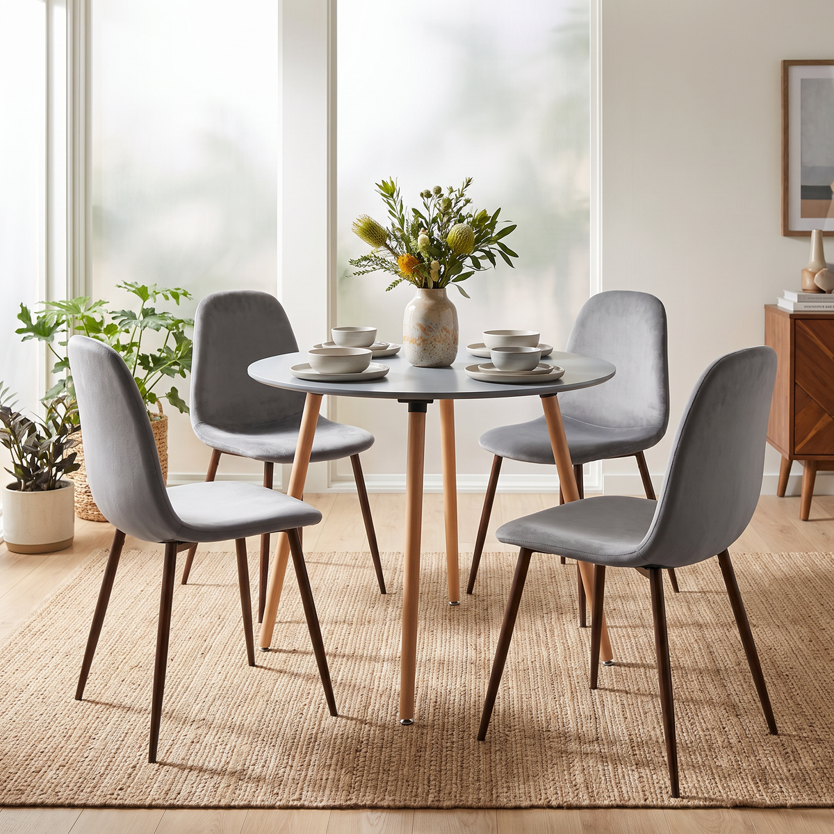 Homy Casa ROOKIE R+CHARTLON 5-Piece Dining Set 31.5" Grey Round Dining Table and 4 Upholstered Metal Chairs Open Box
