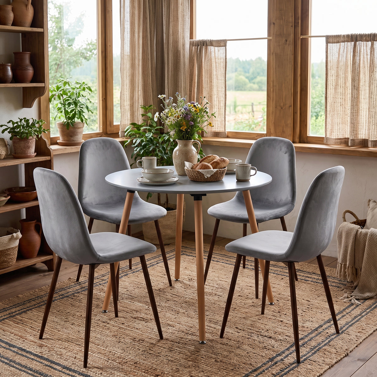 Homy Casa ROOKIE R+CHARTLON 5-Piece Dining Set 31.5" Grey Round Dining Table and 4 Upholstered Metal Chairs Open Box
