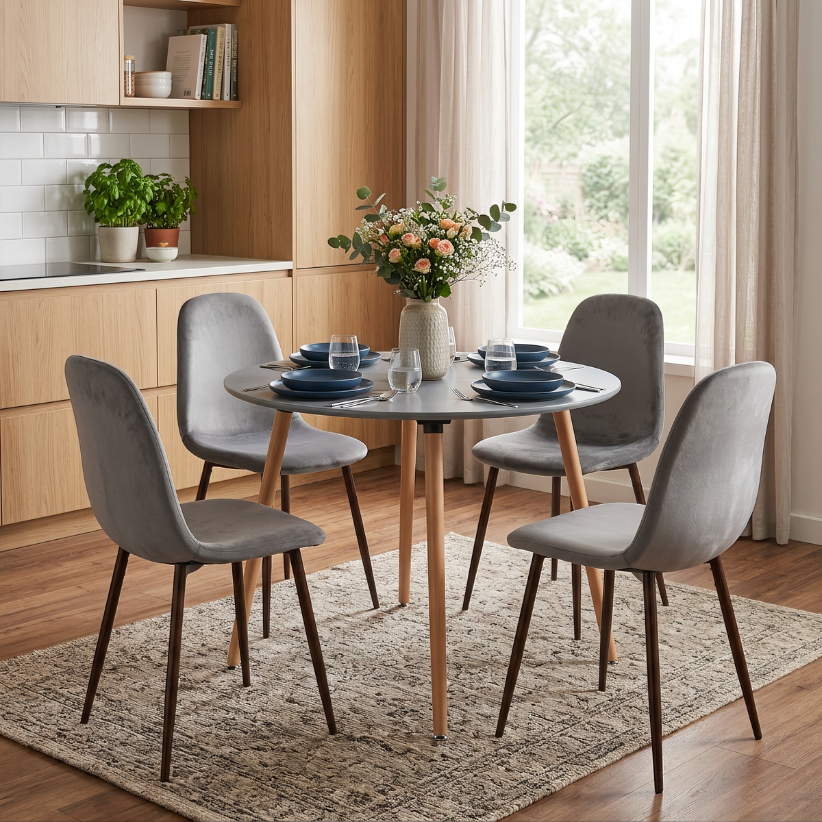 Homy Casa ROOKIE R+CHARTLON 5-Piece Dining Set 31.5" Grey Round Dining Table and 4 Upholstered Metal Chairs Open Box