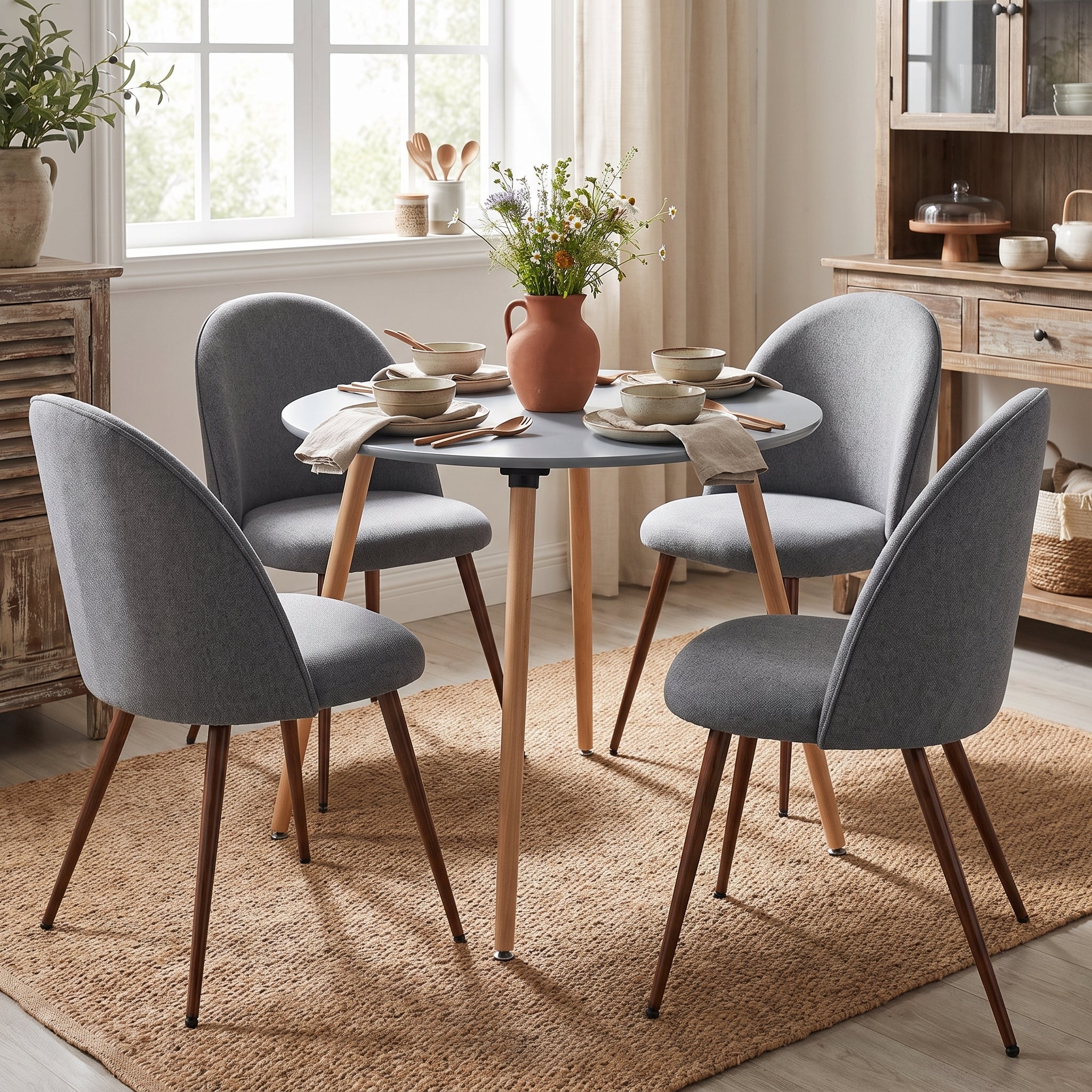 Homy Casa ROOKIE R+HAVEN 5-Piece Dining Set 31.5" Round Top Gray Dining Table and Haven Fabric Chairs Open Box
