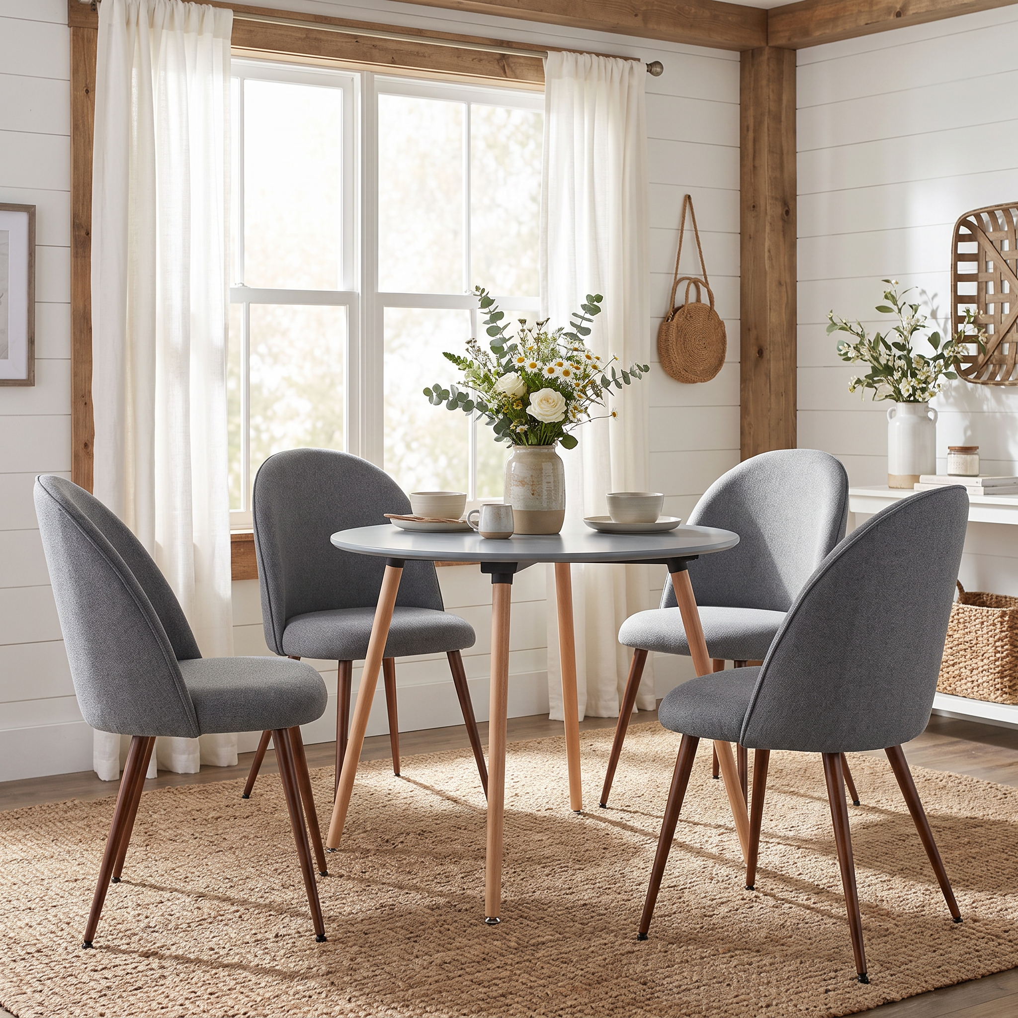 Homy Casa ROOKIE R+HAVEN 5-Piece Dining Set 31.5" Round Top Gray Dining Table and Haven Fabric Chairs Open Box