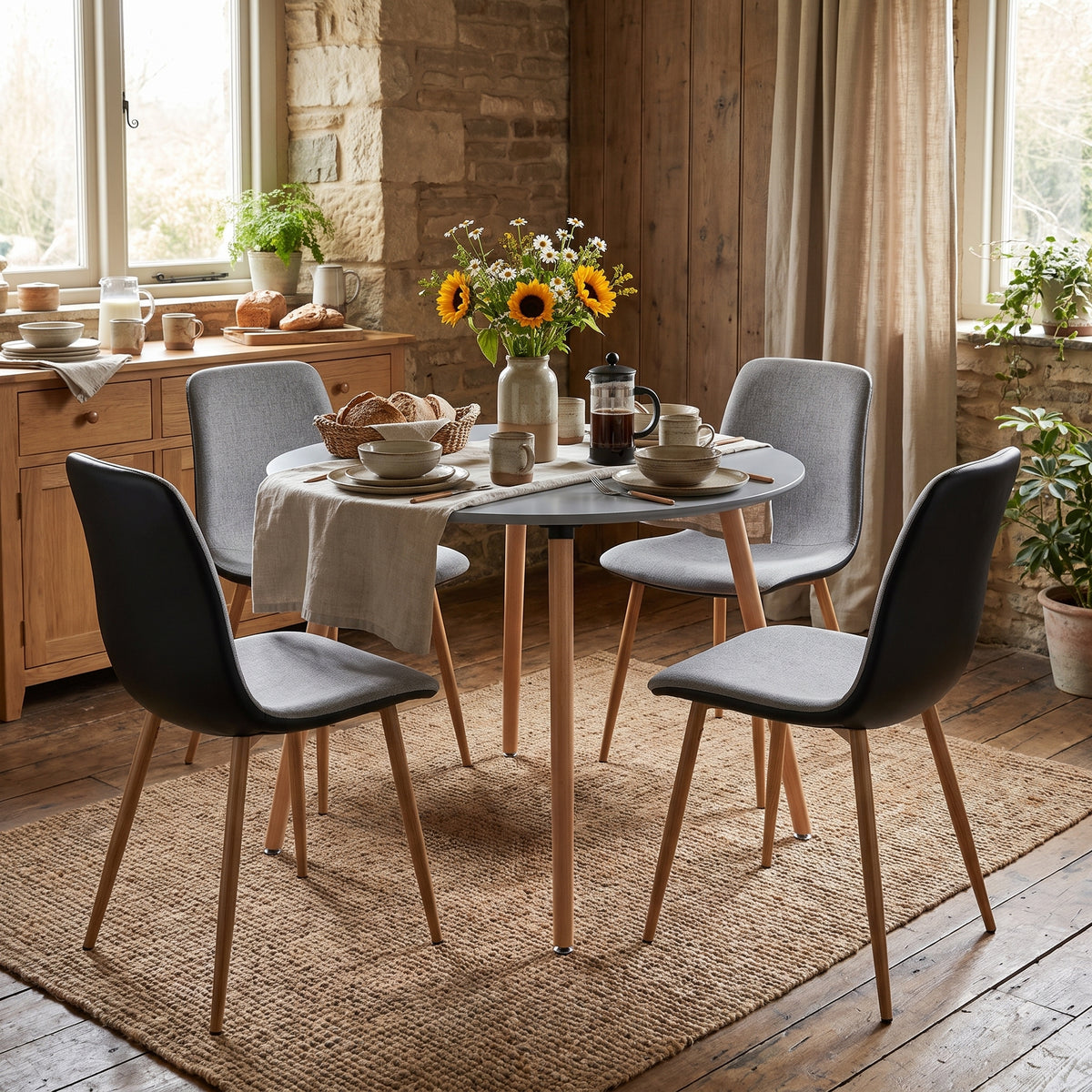 Homy Casa ROOKE R+SCARGILL 5-Piece Gray Dining Set  31.5" Round Table and 4 PU Upholstered Chairs with Oak-Effect Legs Open Box