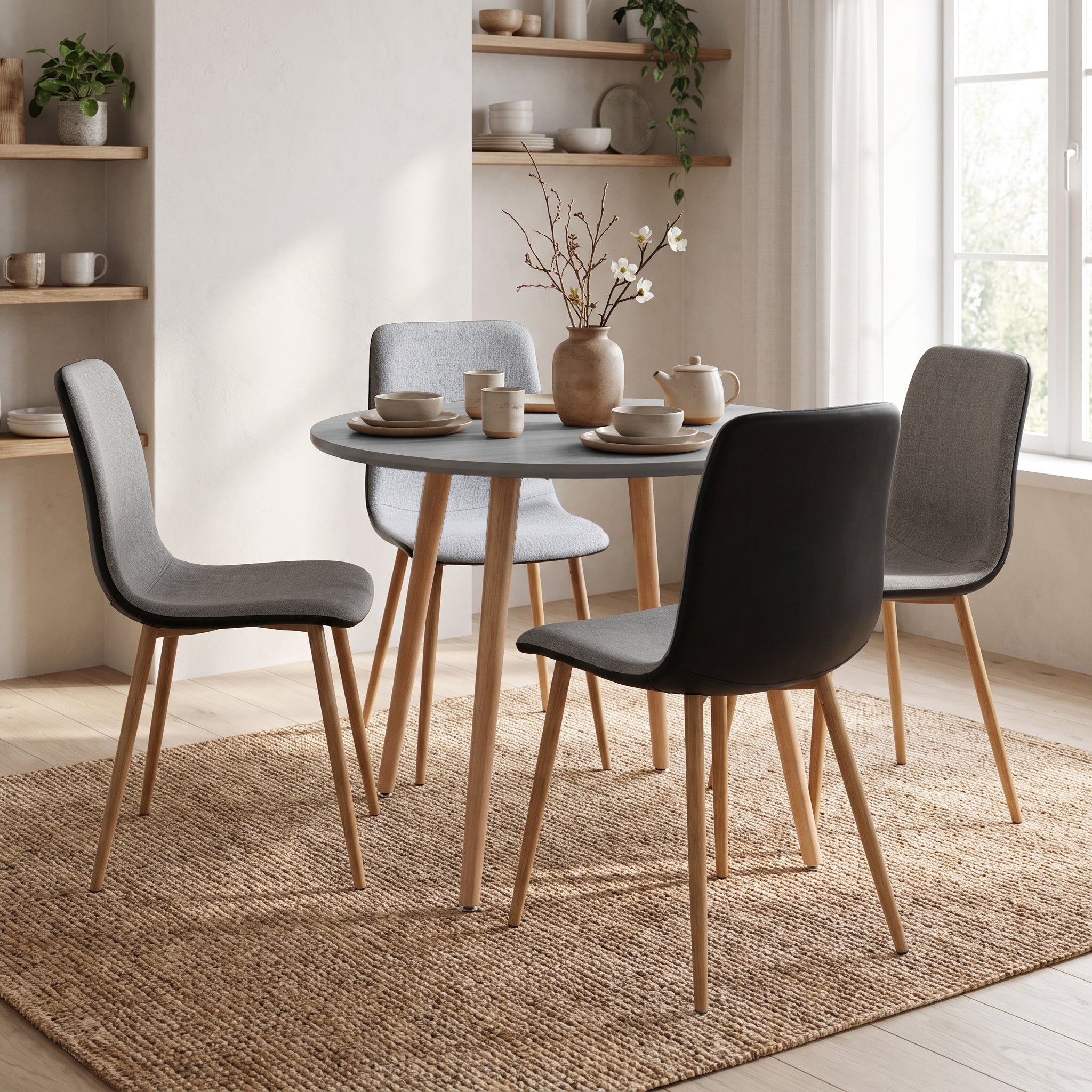 Homy Casa ROOKE R+SCARGILL 5-Piece Gray Dining Set  31.5" Round Table and 4 PU Upholstered Chairs with Oak-Effect Legs Open Box