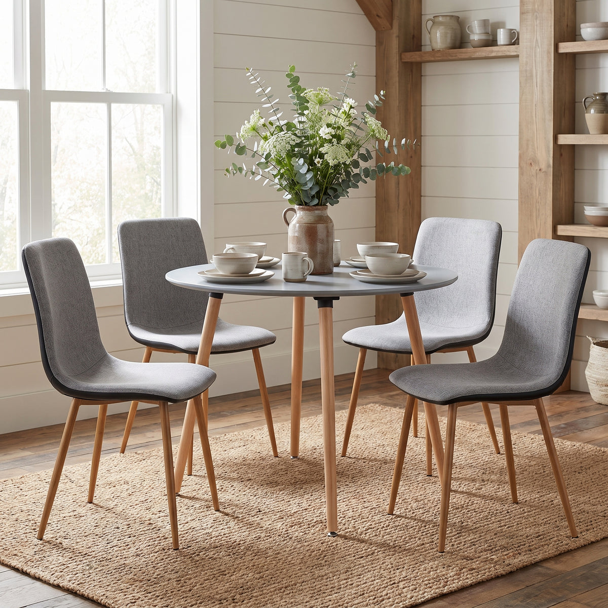 Homy Casa ROOKE R+SCARGILL 5-Piece Gray Dining Set  31.5" Round Table and 4 PU Upholstered Chairs with Oak-Effect Legs Open Box
