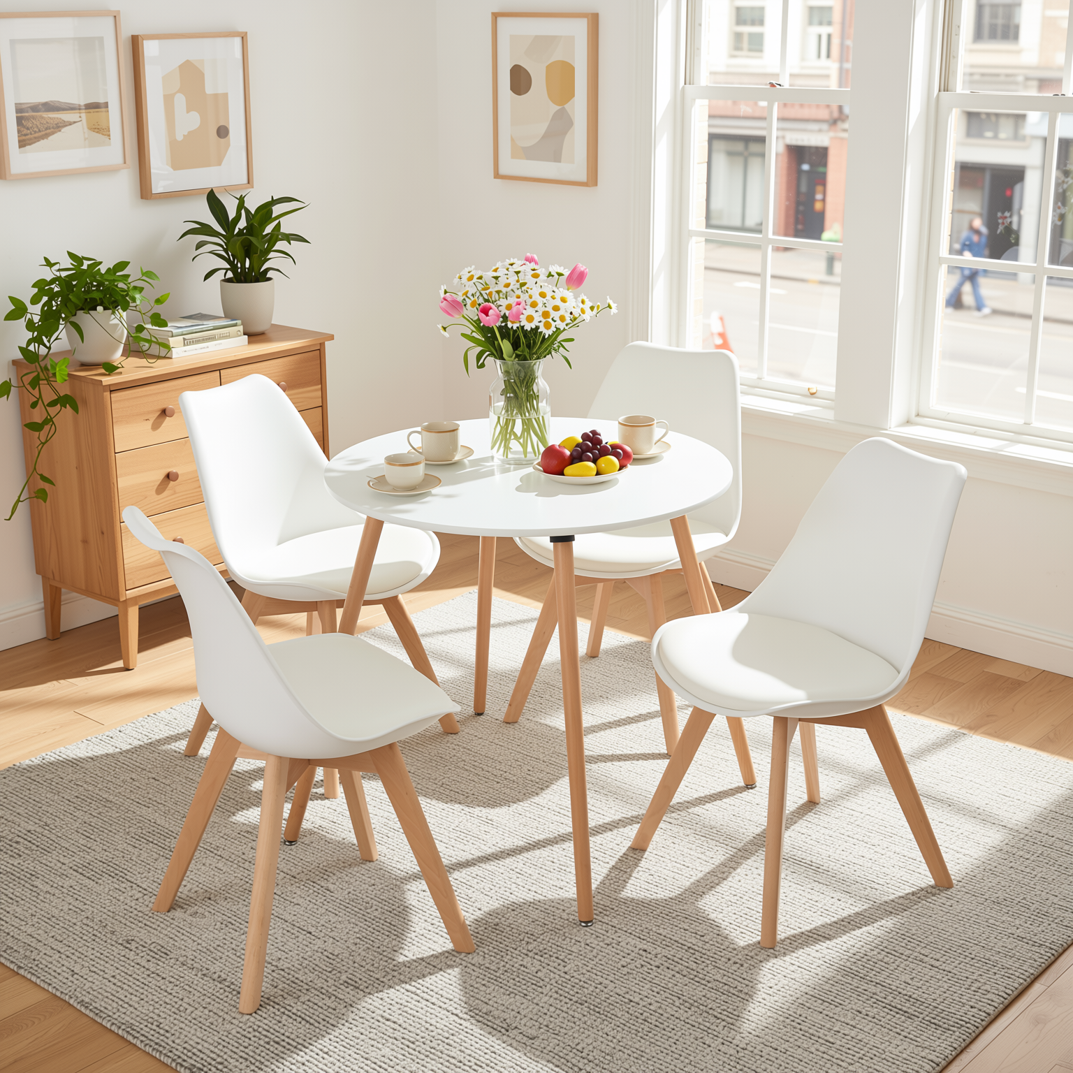 Homy Casa ROOKIE+FRANKFURT 5PC Dining Set 31.5" Square White Table with 4 White Upholstered Beech-Leg Chairs Open Box