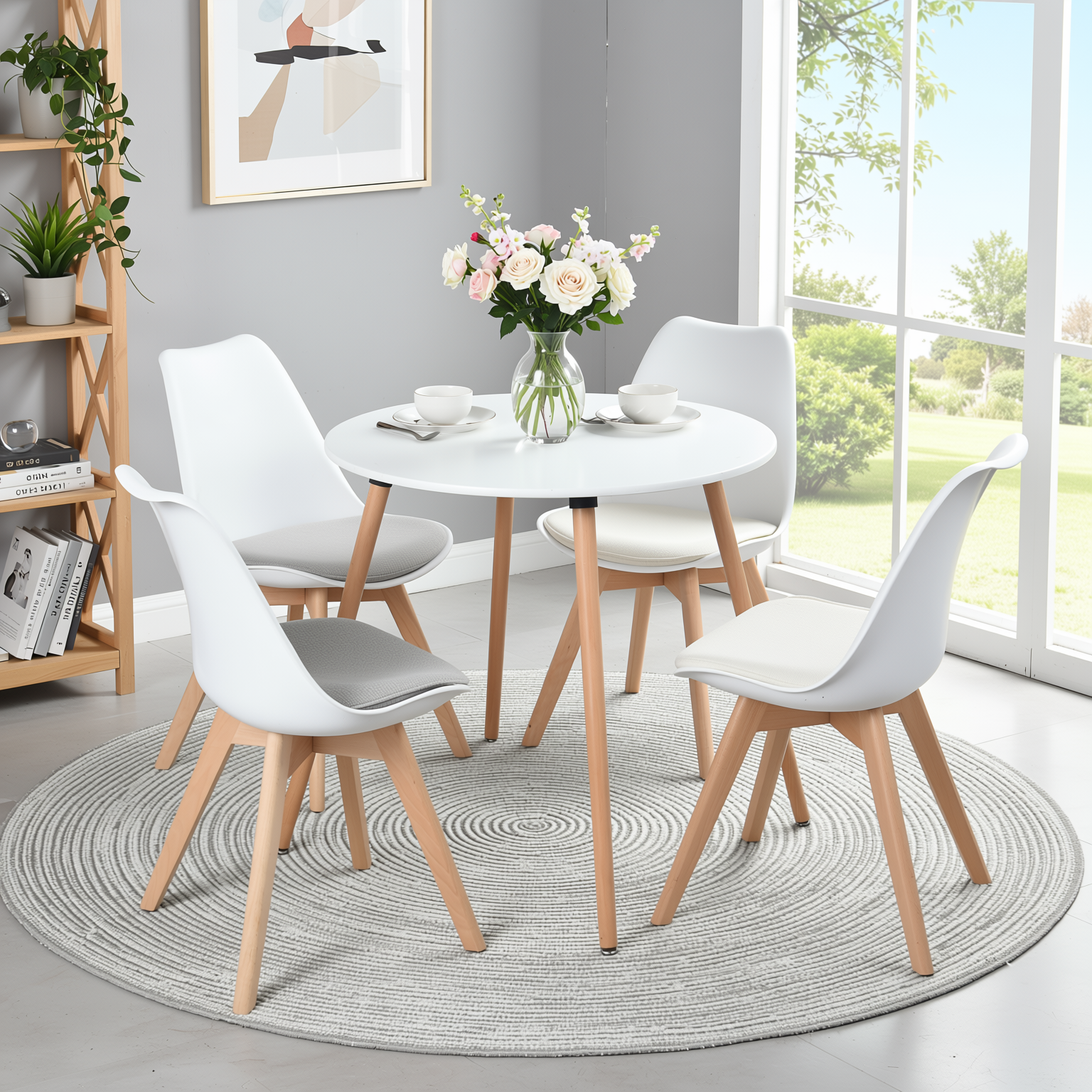 Homy Casa ROOKIE+FRANKFURT 5PC Dining Set 31.5" Square White Table with 4 White Upholstered Beech-Leg Chairs Open Box