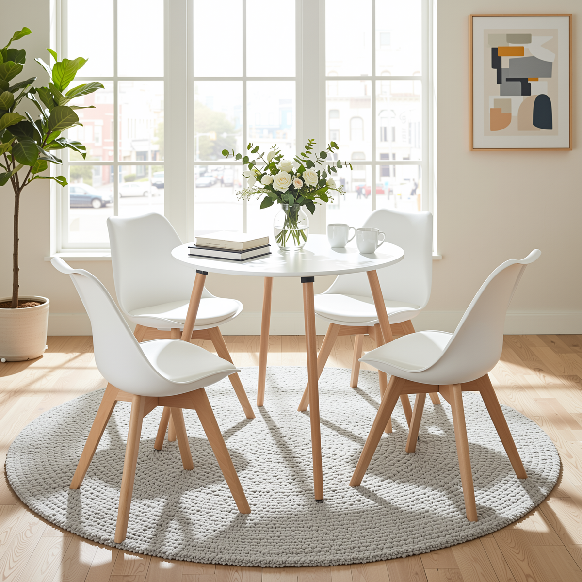 Homy Casa ROOKIE+FRANKFURT 5PC Dining Set 31.5" Square White Table with 4 White Upholstered Beech-Leg Chairs Open Box