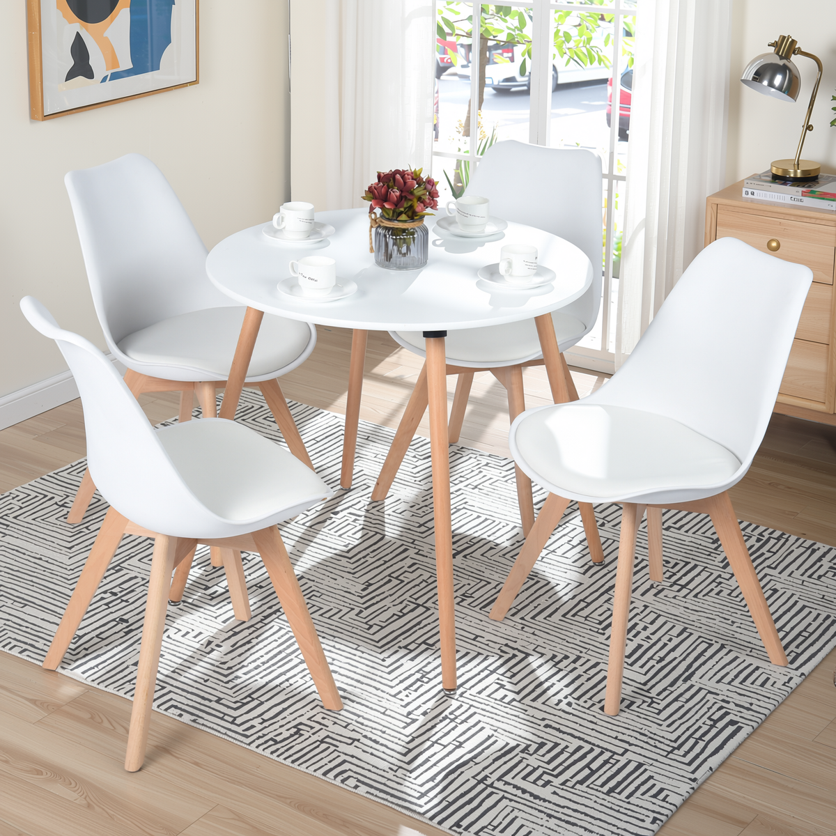 Homy Casa ROOKIE+FRANKFURT 5PC Dining Set 31.5" Square White Table with 4 White Upholstered Beech-Leg Chairs Open Box