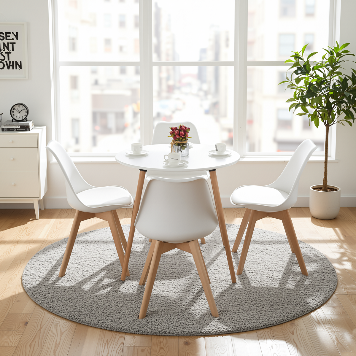 Homy Casa ROOKIE+FRANKFURT 5PC Dining Set 31.5" Square White Table with 4 White Upholstered Beech-Leg Chairs Open Box